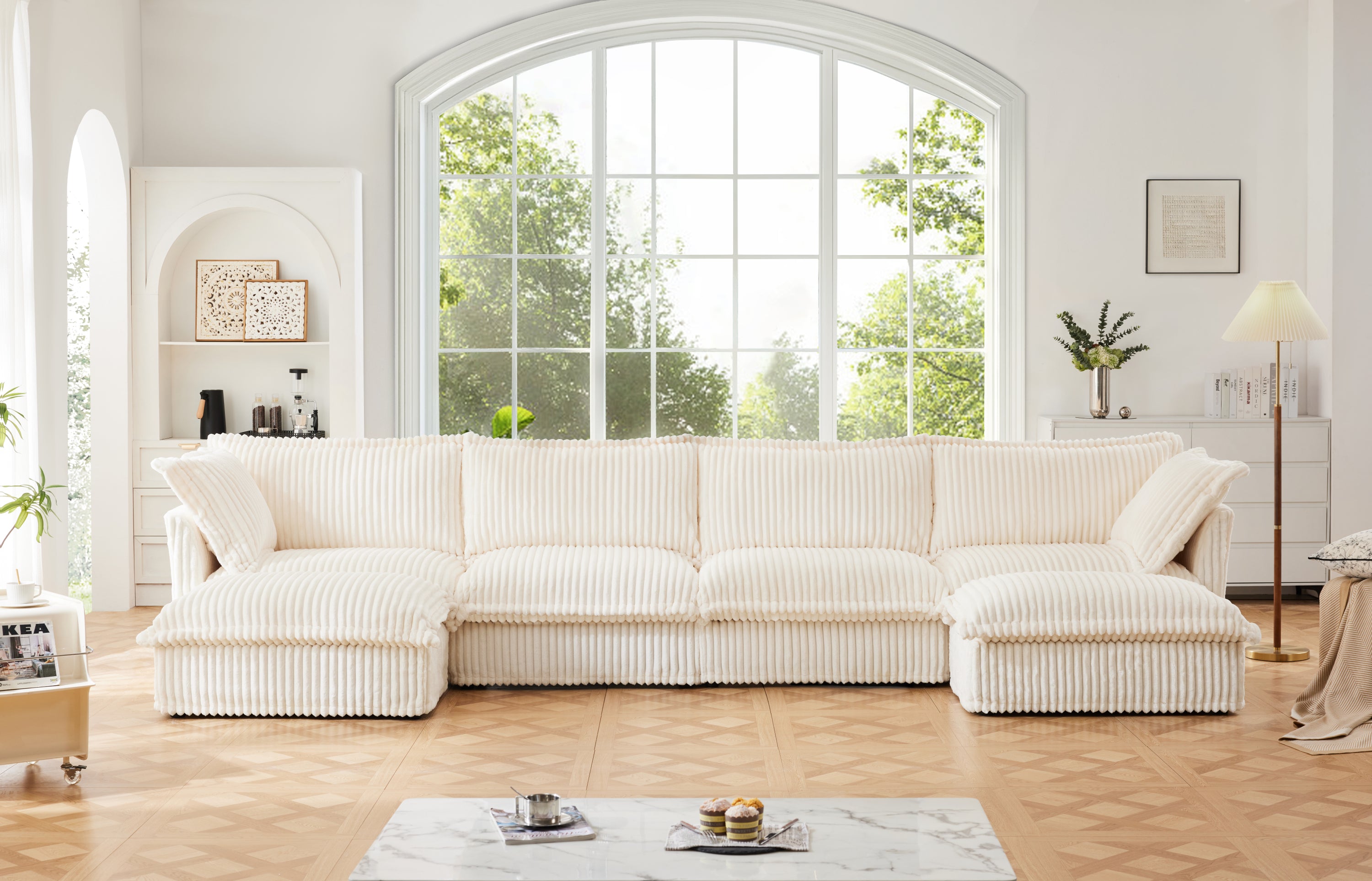 Deep Seat U-Shape Sectional Sofa, Cream Corduroy