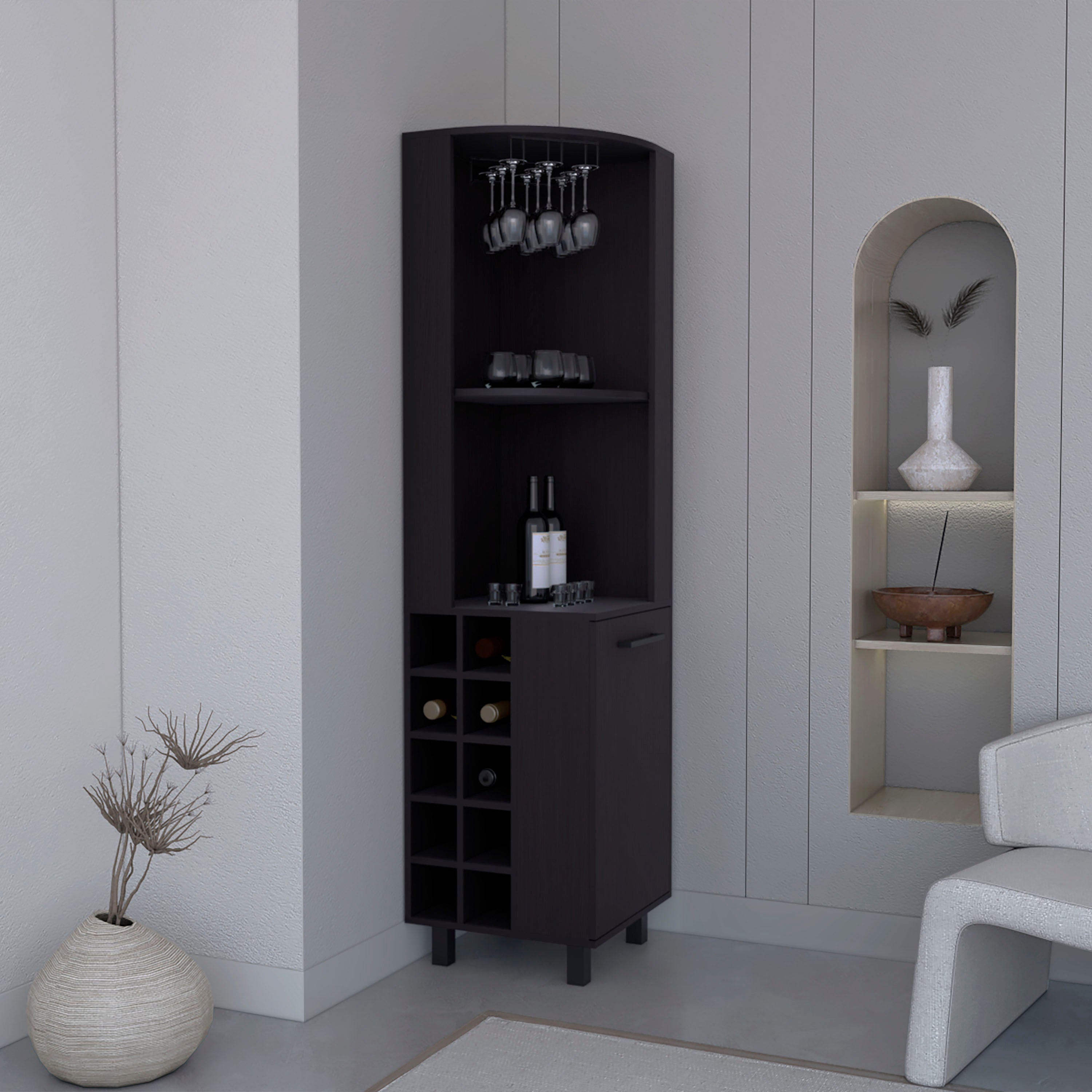 Kaia 70" Corner Bar Cabinet: Wine, Shelves & Stemware