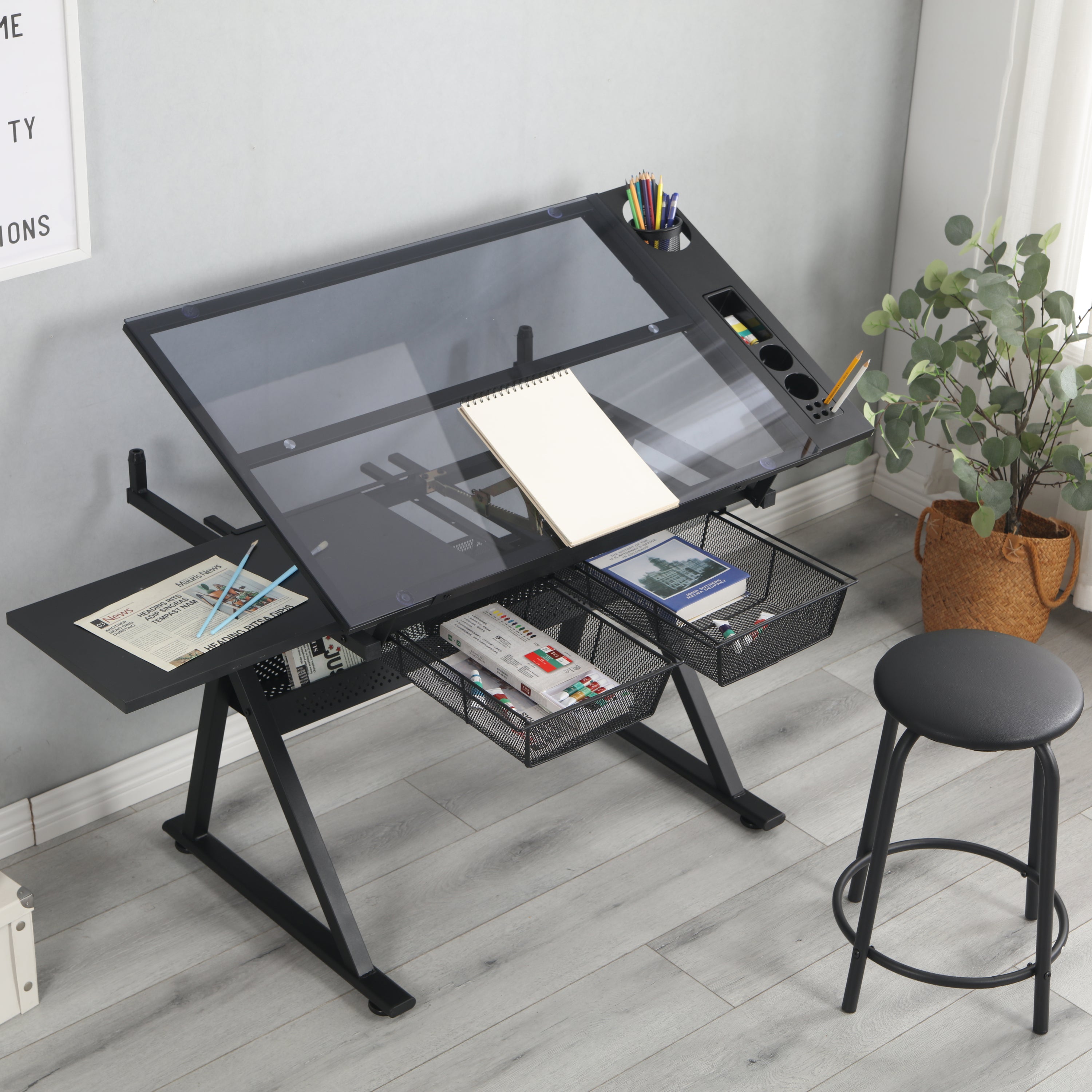 Adjustable Glass Drafting Table w/ Chair - Black