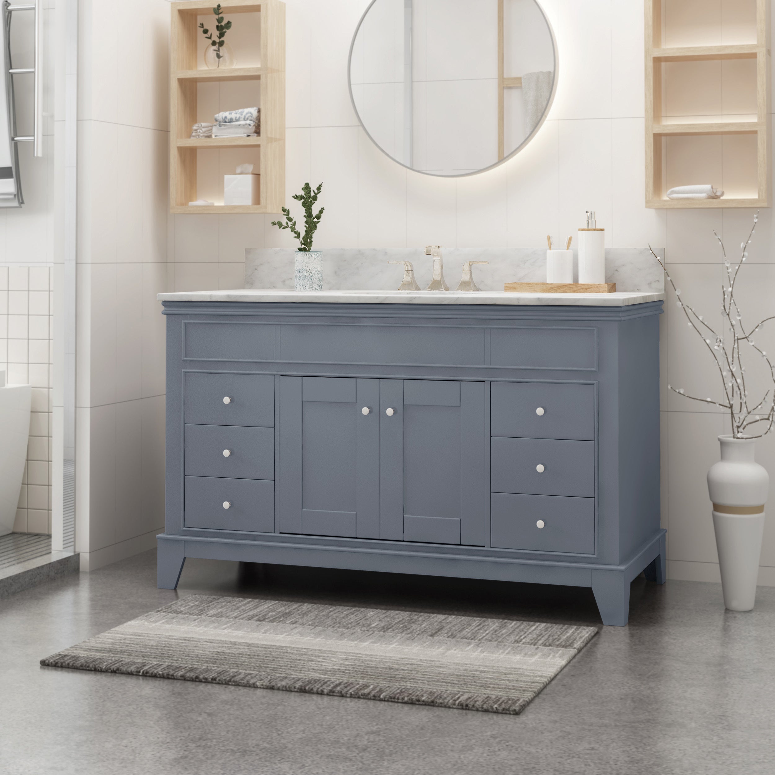 Gray 49" Bathroom Vanity: Marble Top, 6 Drawers
