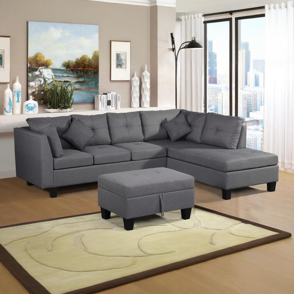 Grey Sectional Sofa w/ Chaise & Storage Ottoman | Living Room Set