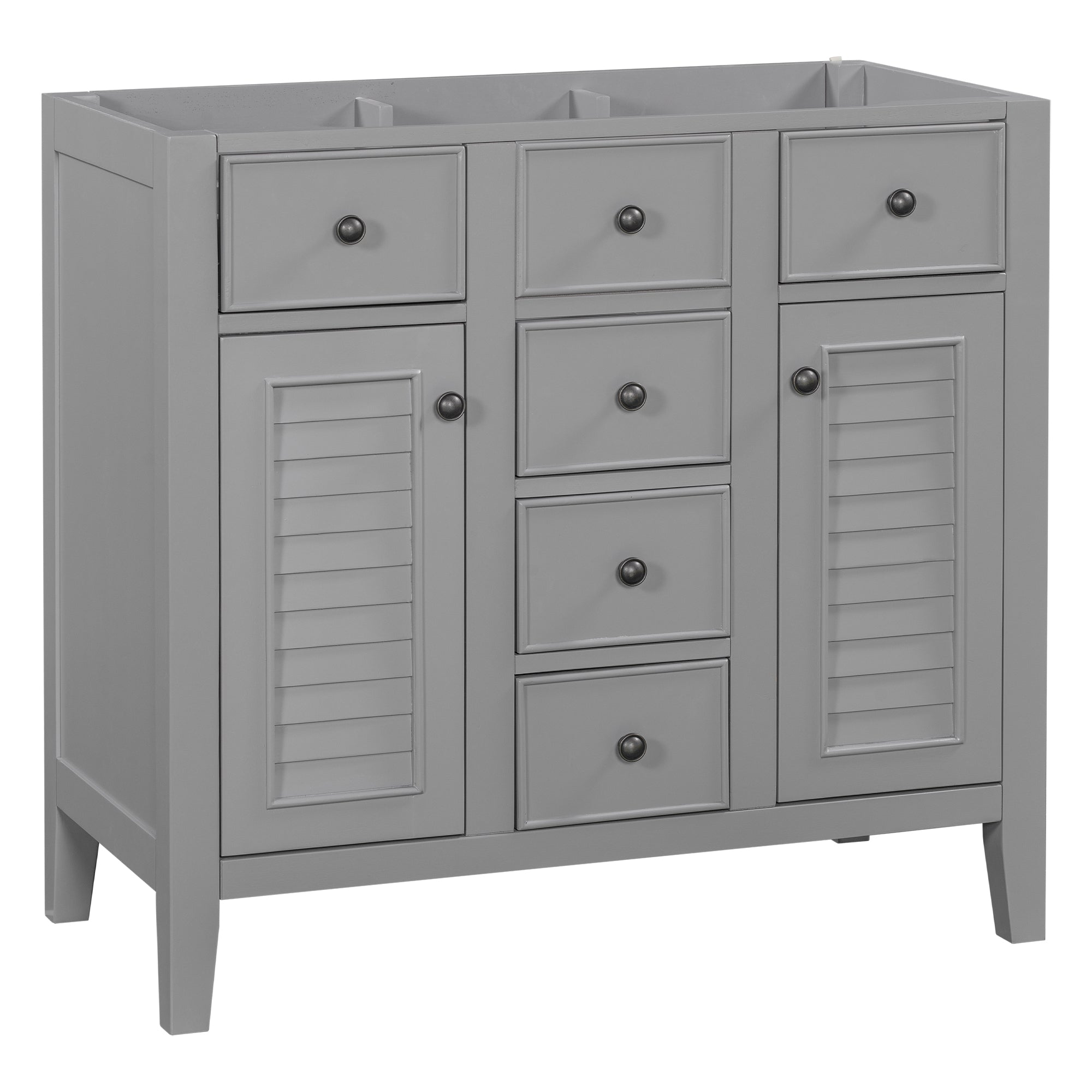 Grey 36" Double Vanity Base: 5 Drawers, Solid Wood