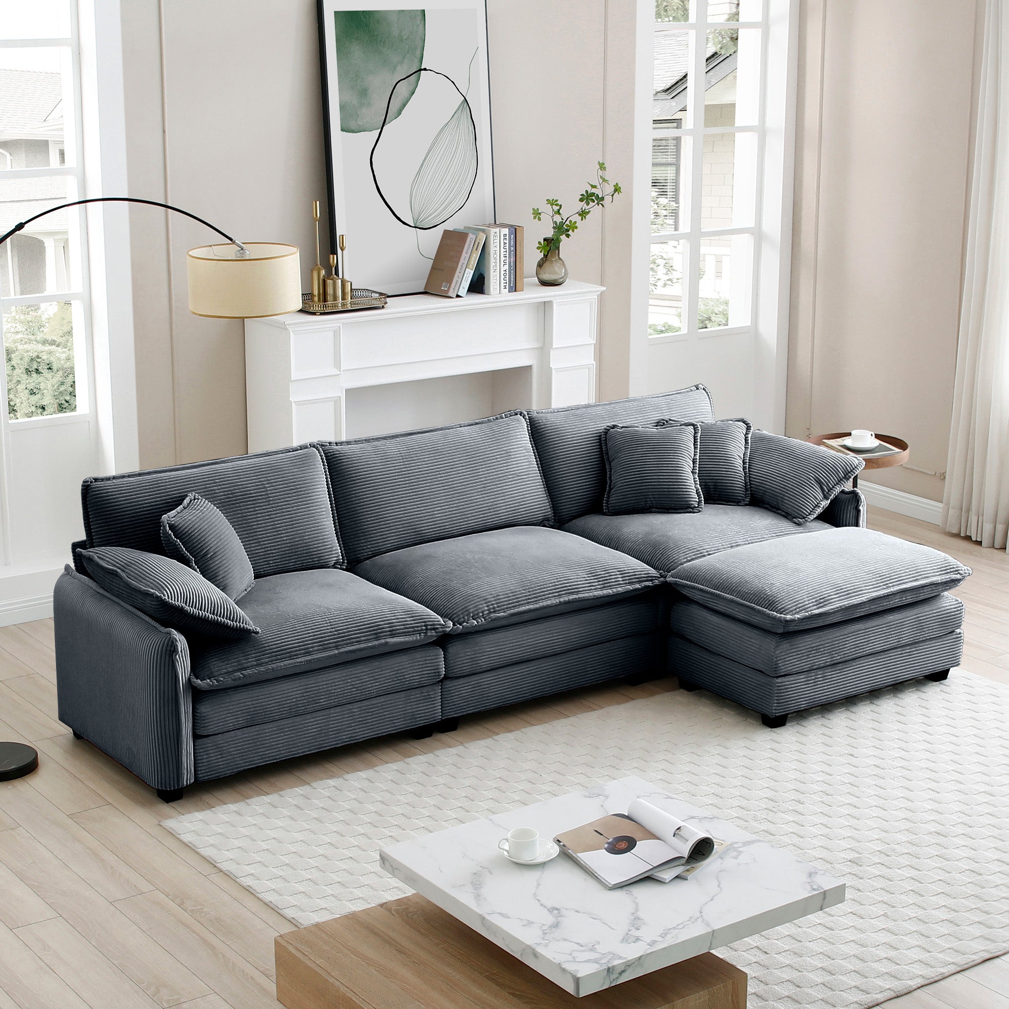 Oversized 3-Seater Corduroy Sectional Sofa w/ Ottoman (Grey)