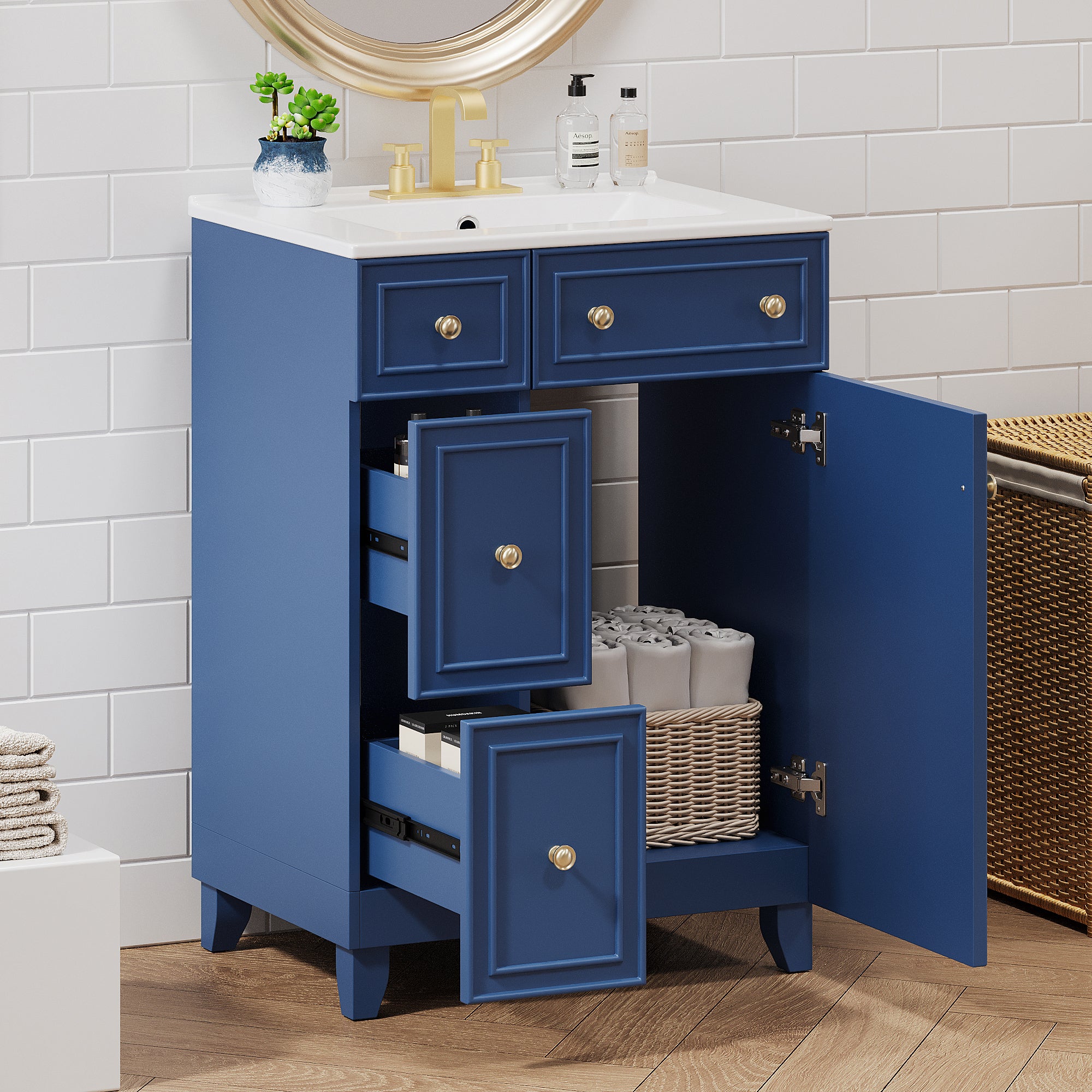 24" Bathroom Vanity: Ceramic Sink, 2 Drawers, Door