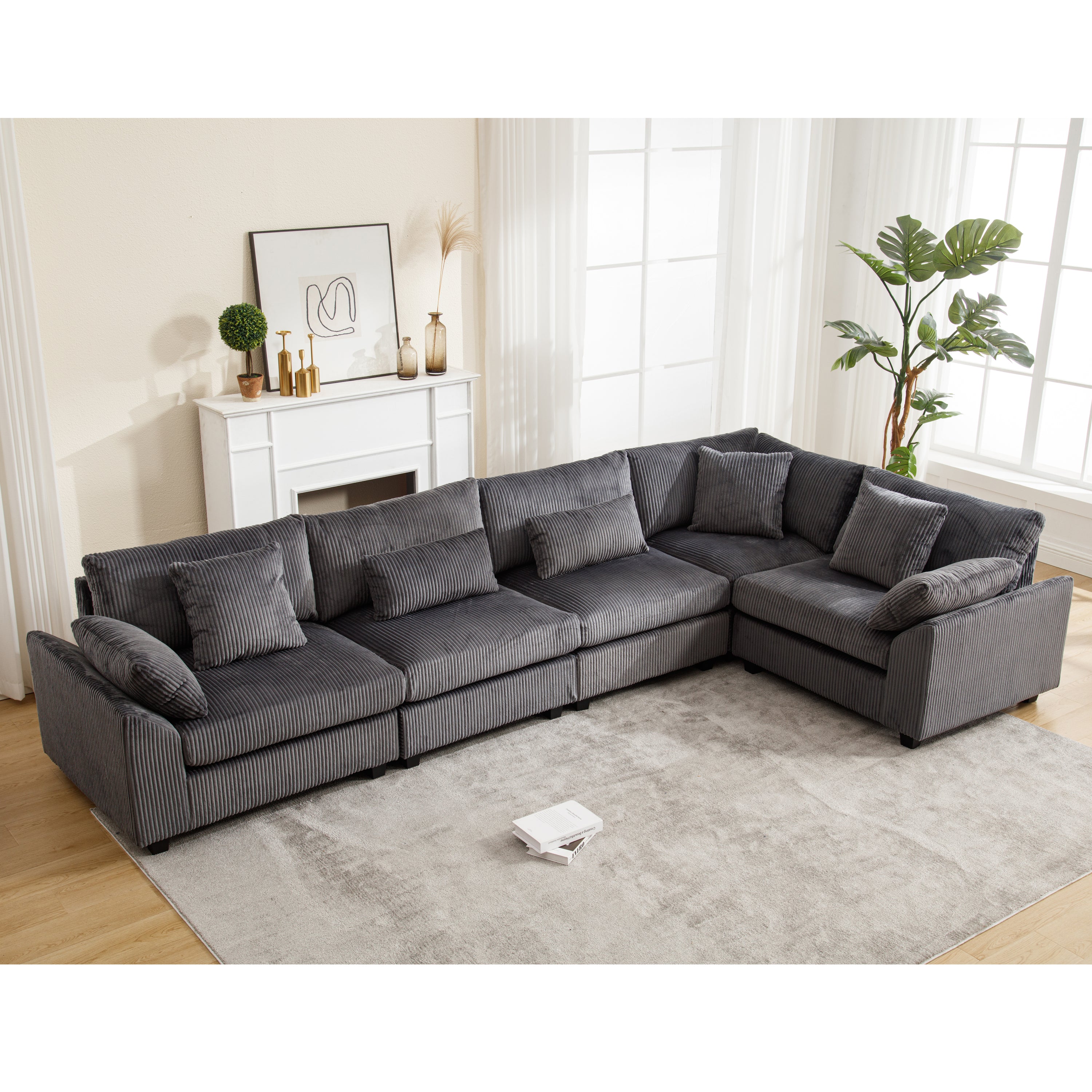 Oversized Modular Sectional Sofa, Dark Gray Corduroy (5 Seat)