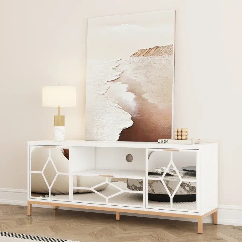 60" White Mirrored Media Console TV Stand