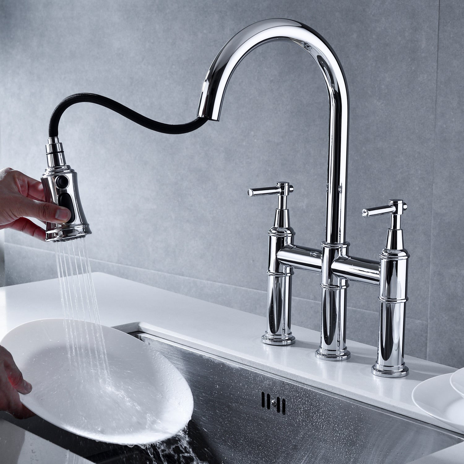 Spot-Free Pull-Down Bridge Kitchen Faucet