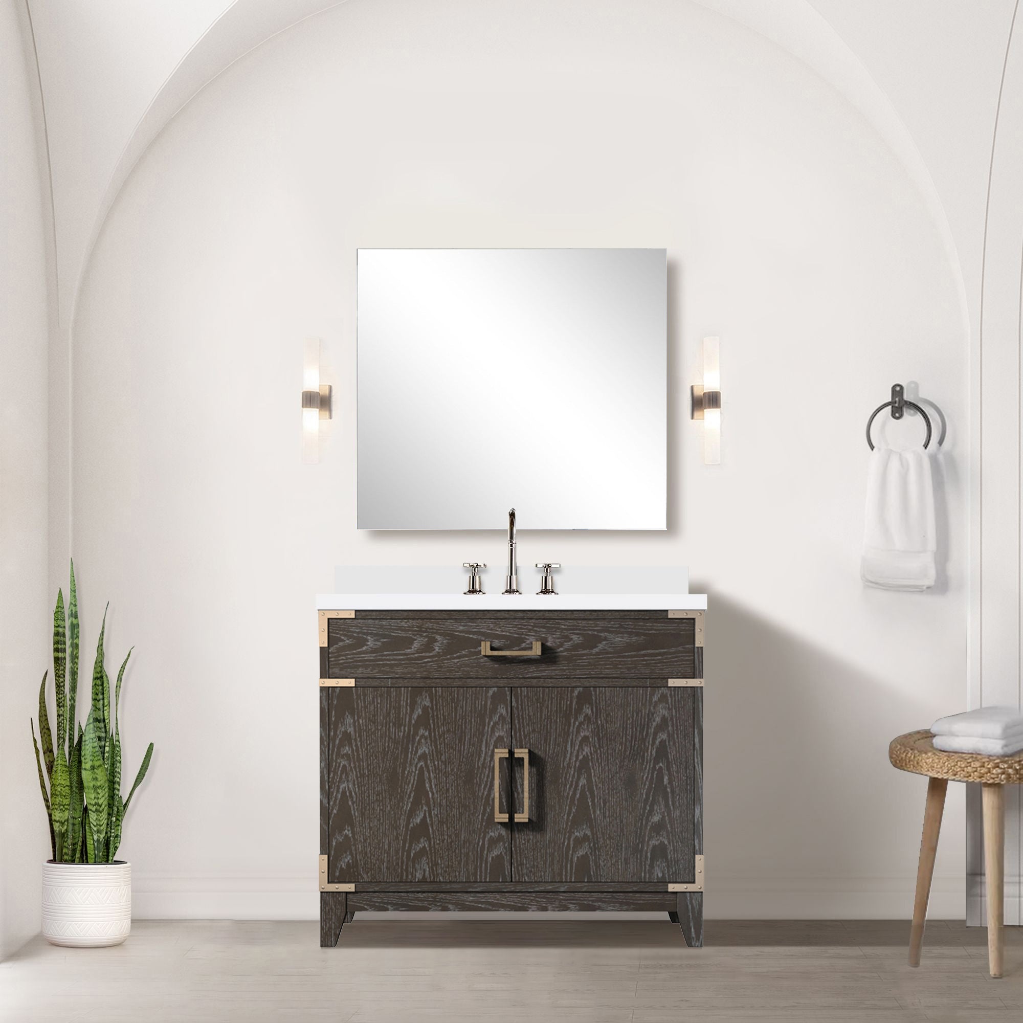 Brown Oak 36" Bath Vanity: White Quartz Top