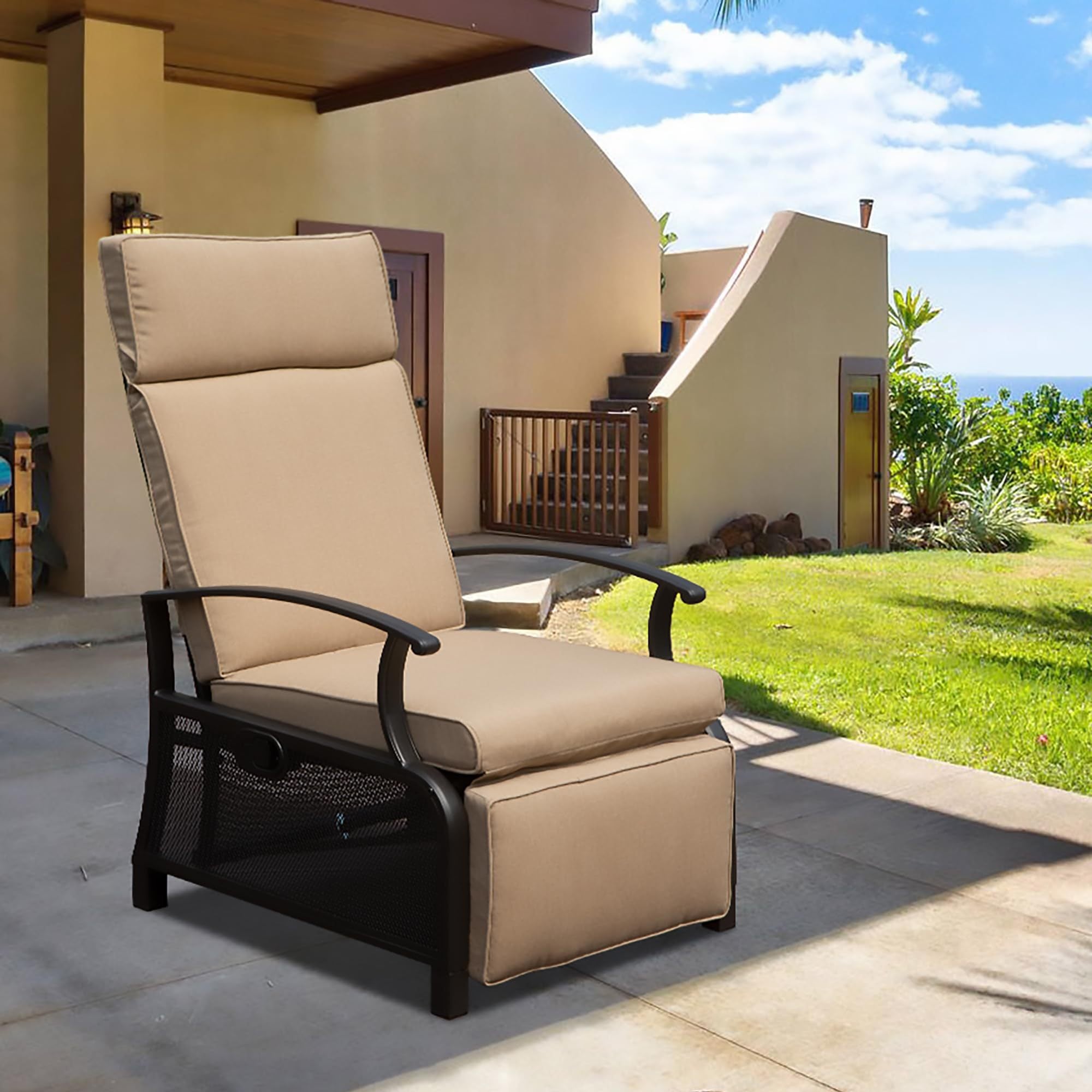 Patio Recliner Chair: Metal, Adjustable, Beige