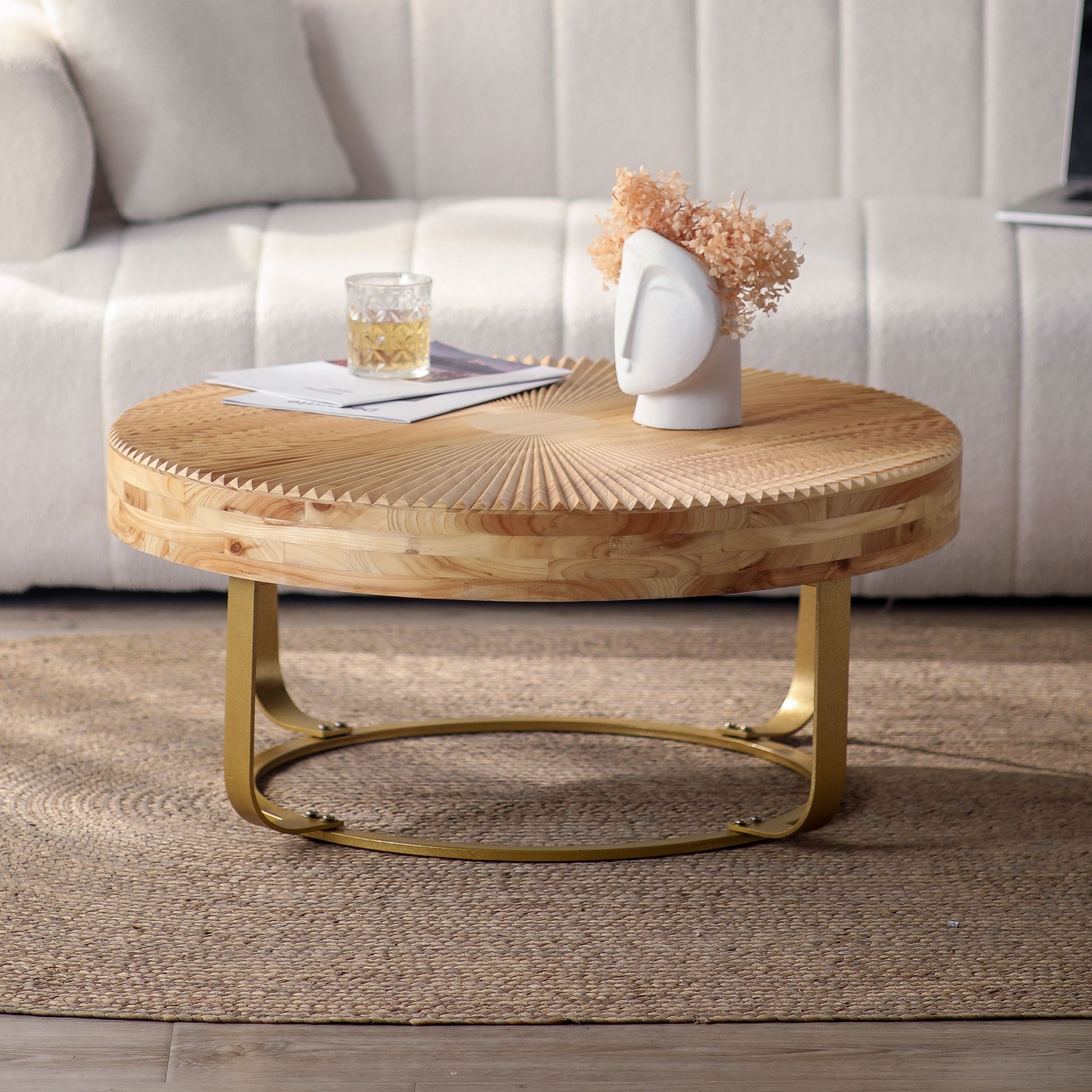 Modern Round Wood Coffee Table w/ Metal Legs (Gold)