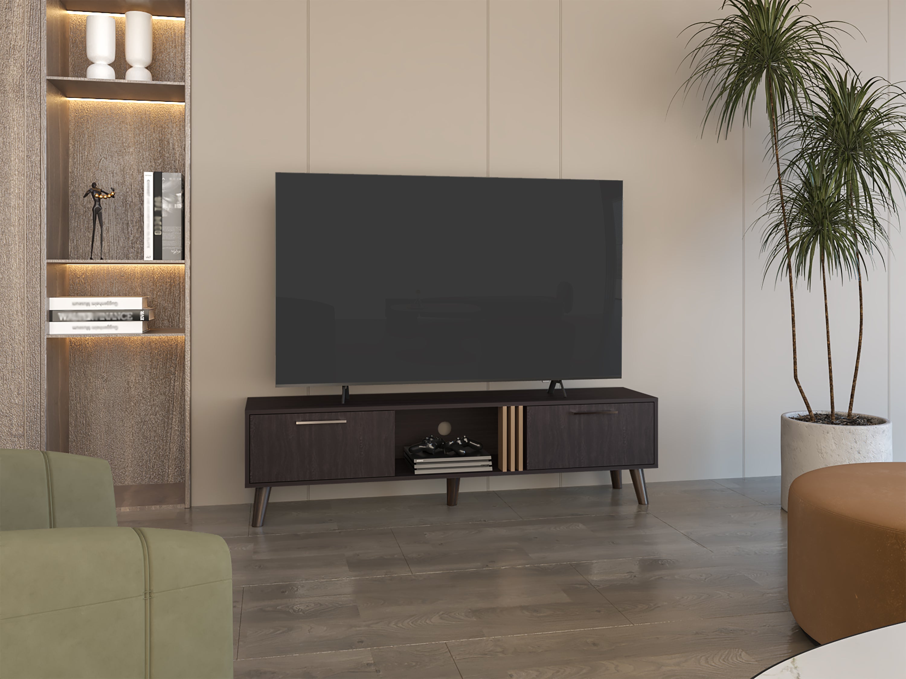 Vance 63" TV Stand w/ Cabinets & Shelves - Black/Oak