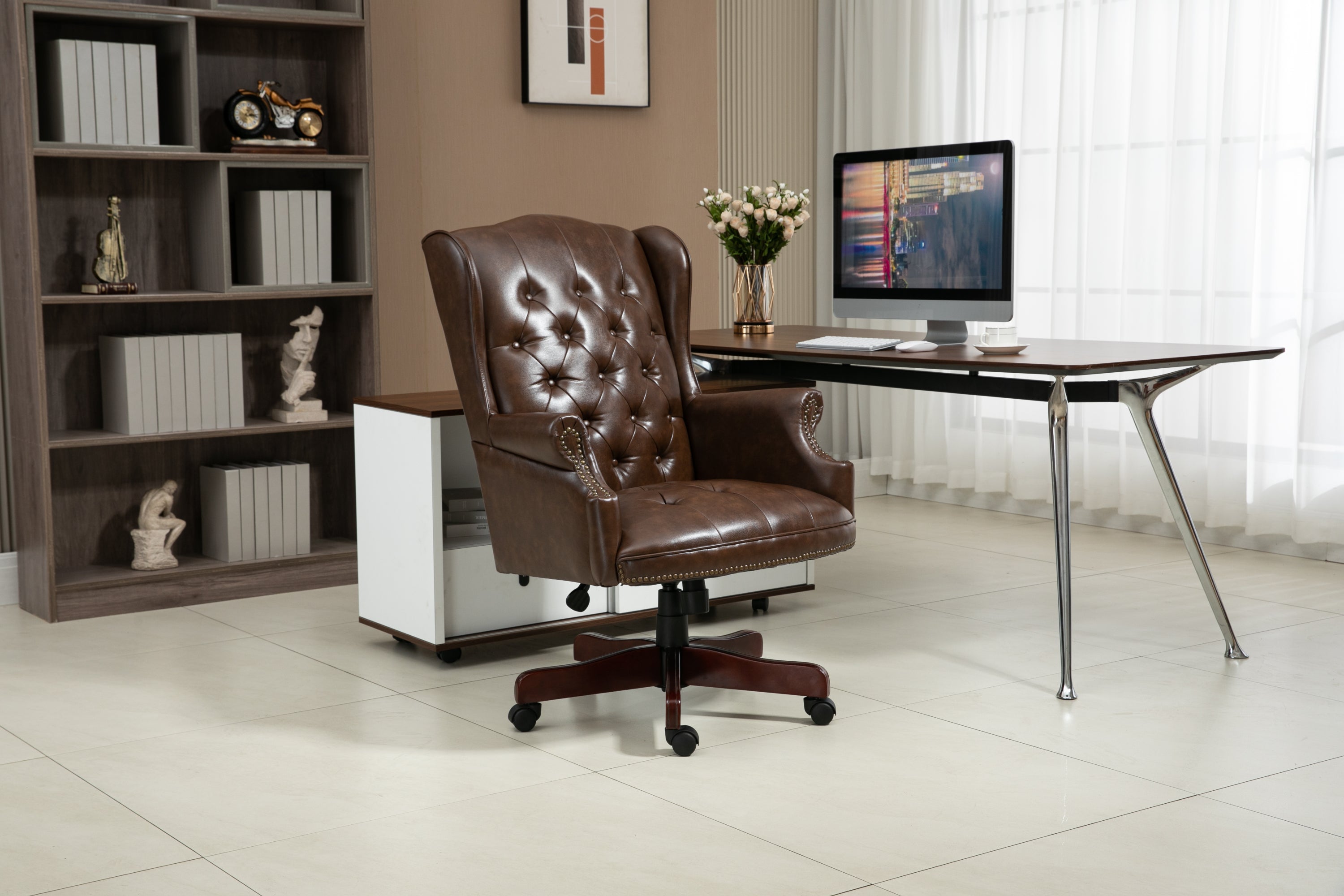 Ergonomic High Back Office Chair | Brown PU Leather