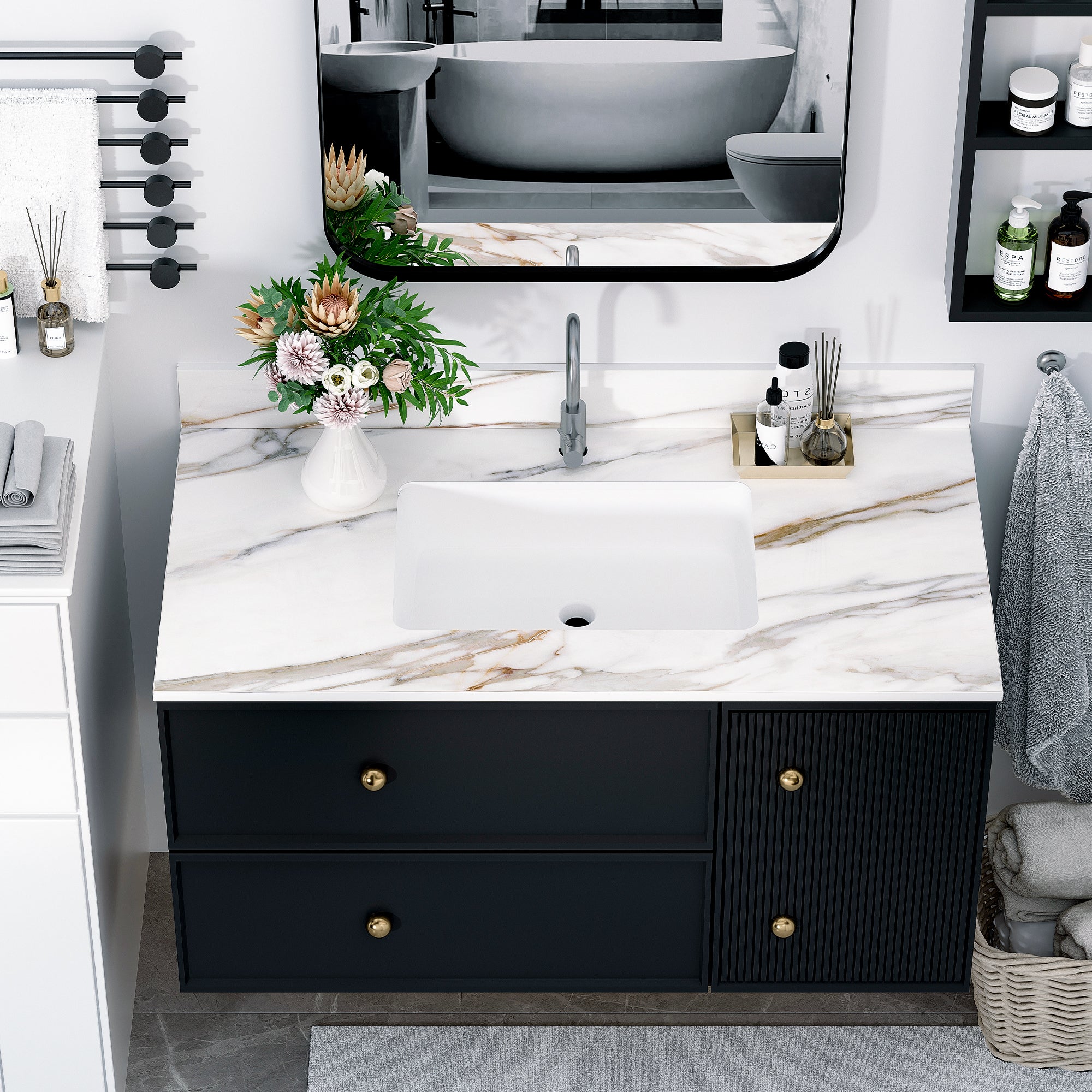 Carrara Marble Vanity Top: 43" w/ Sink & Backsplash