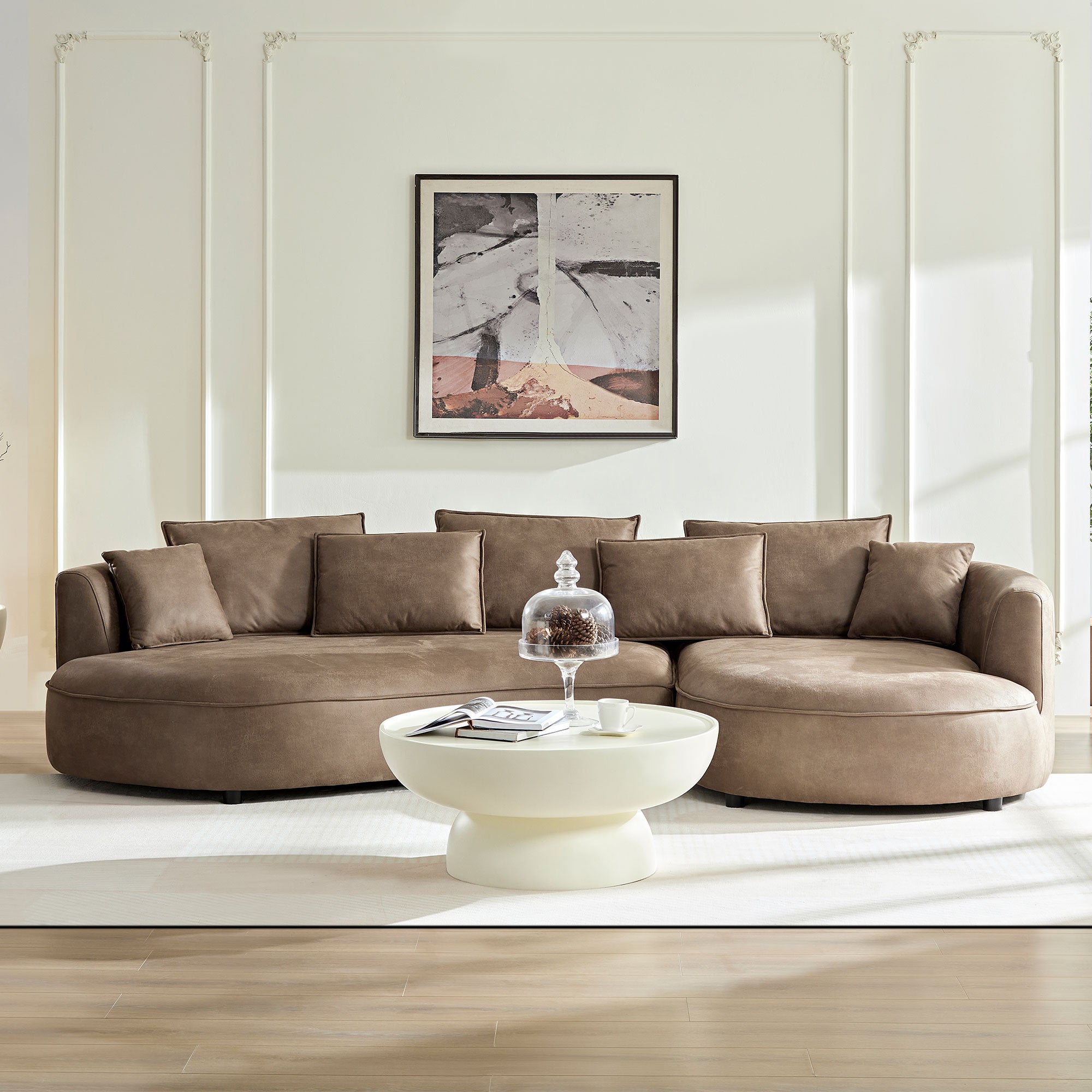 Modern Curved Sectional Sofa, 128" Leathaire Couch, Brown