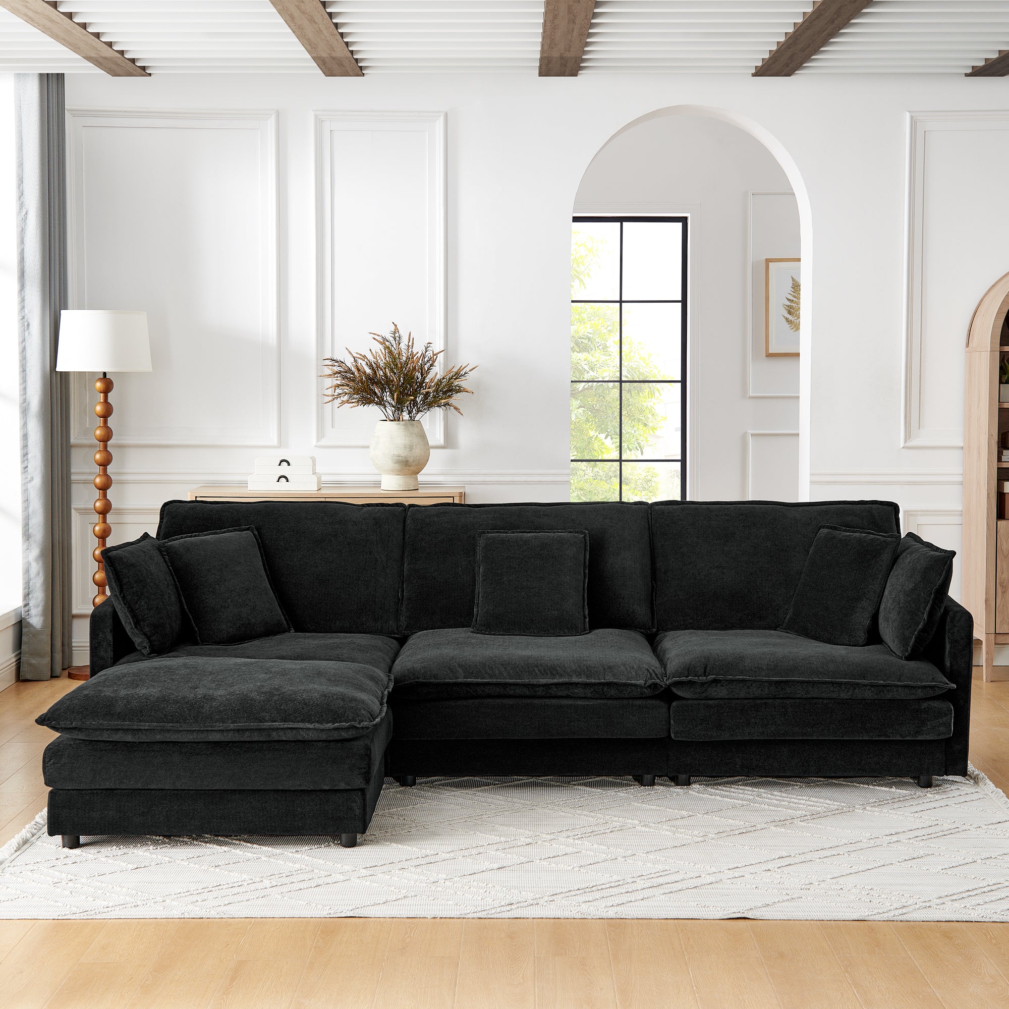 L-Shaped Sectional Sofa w/ Ottoman | Black Couch