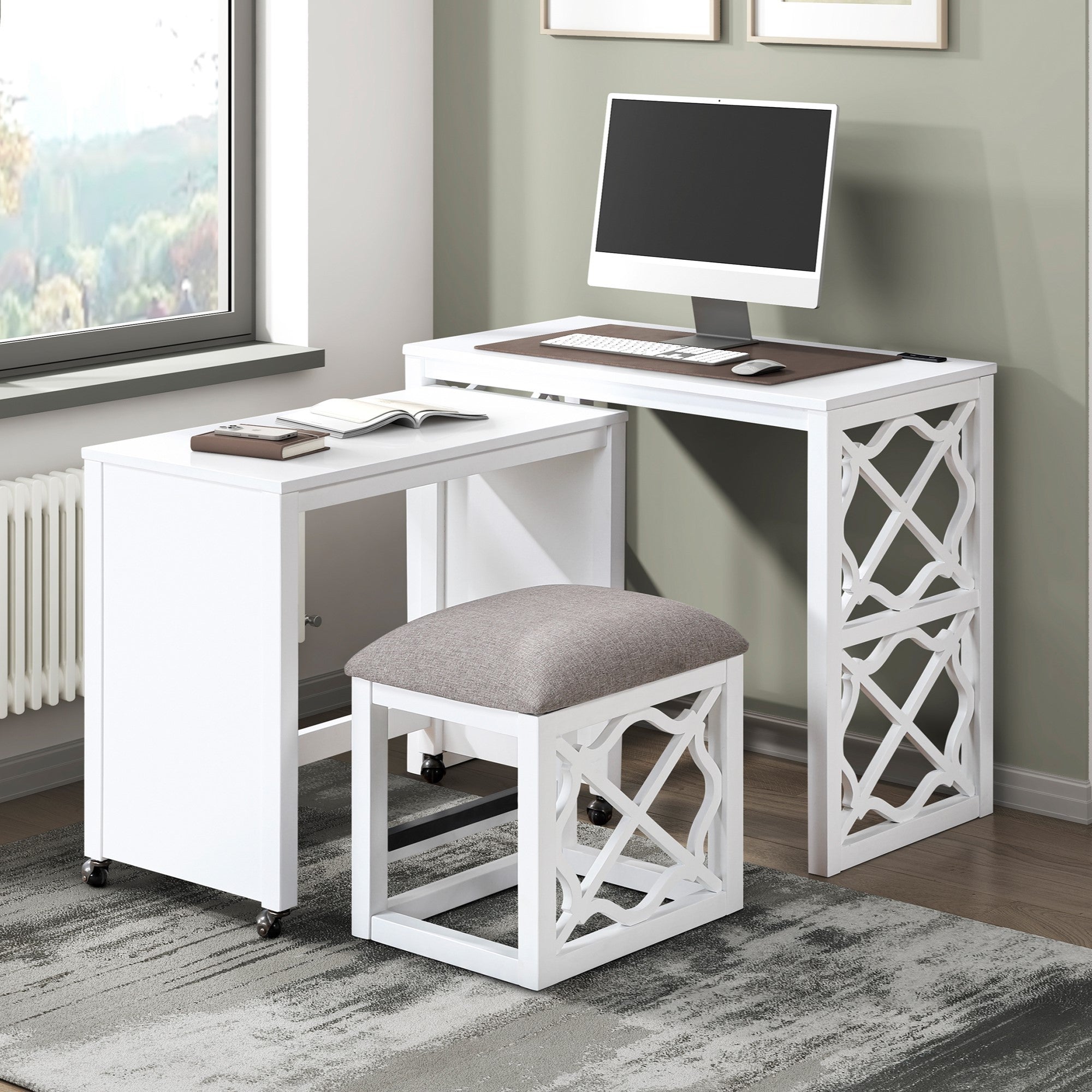White Rolling Desk & Stool Set, 3pc with Charging Ports