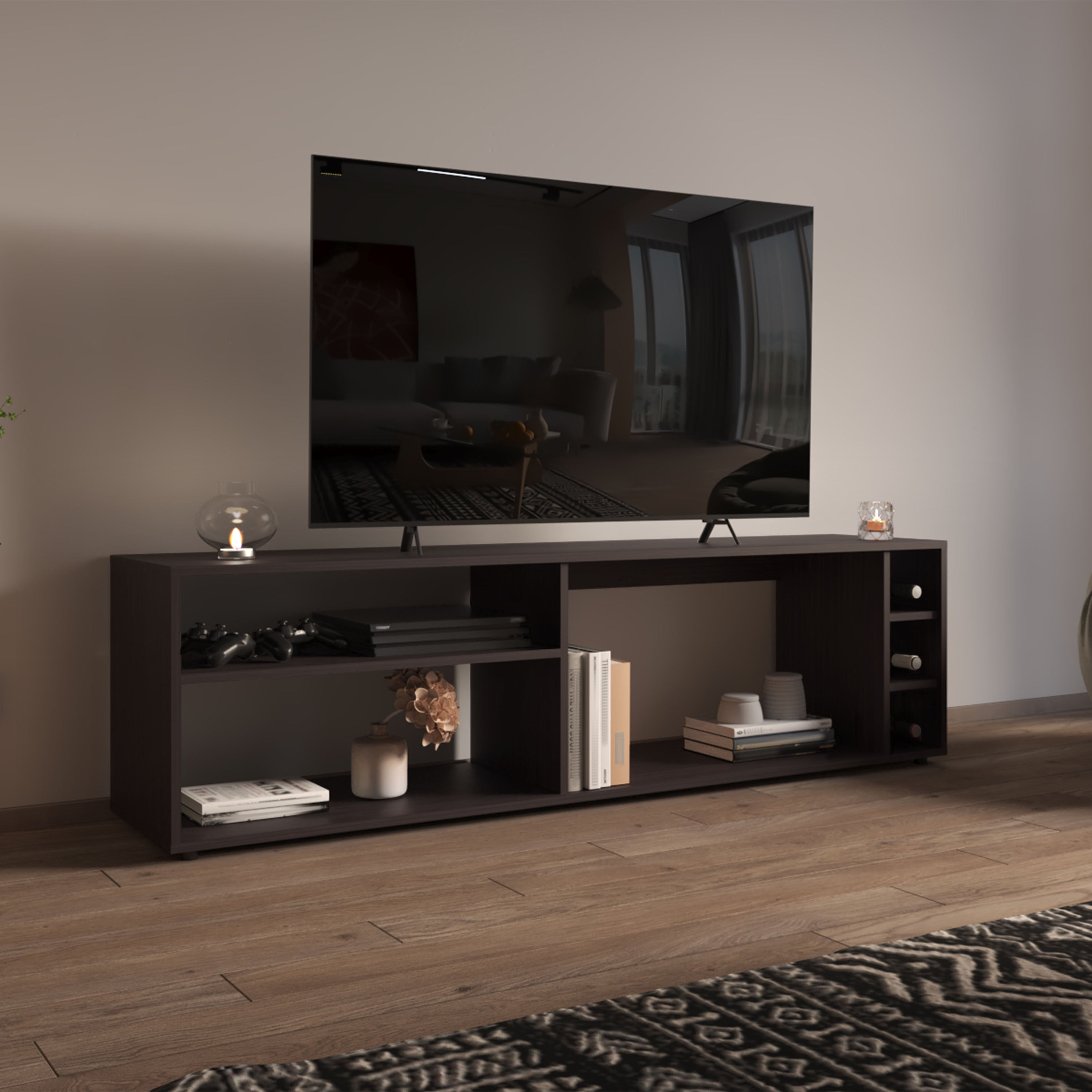 Suxta 63" TV Stand w/ Shelves & Bottle Cubbies - Black