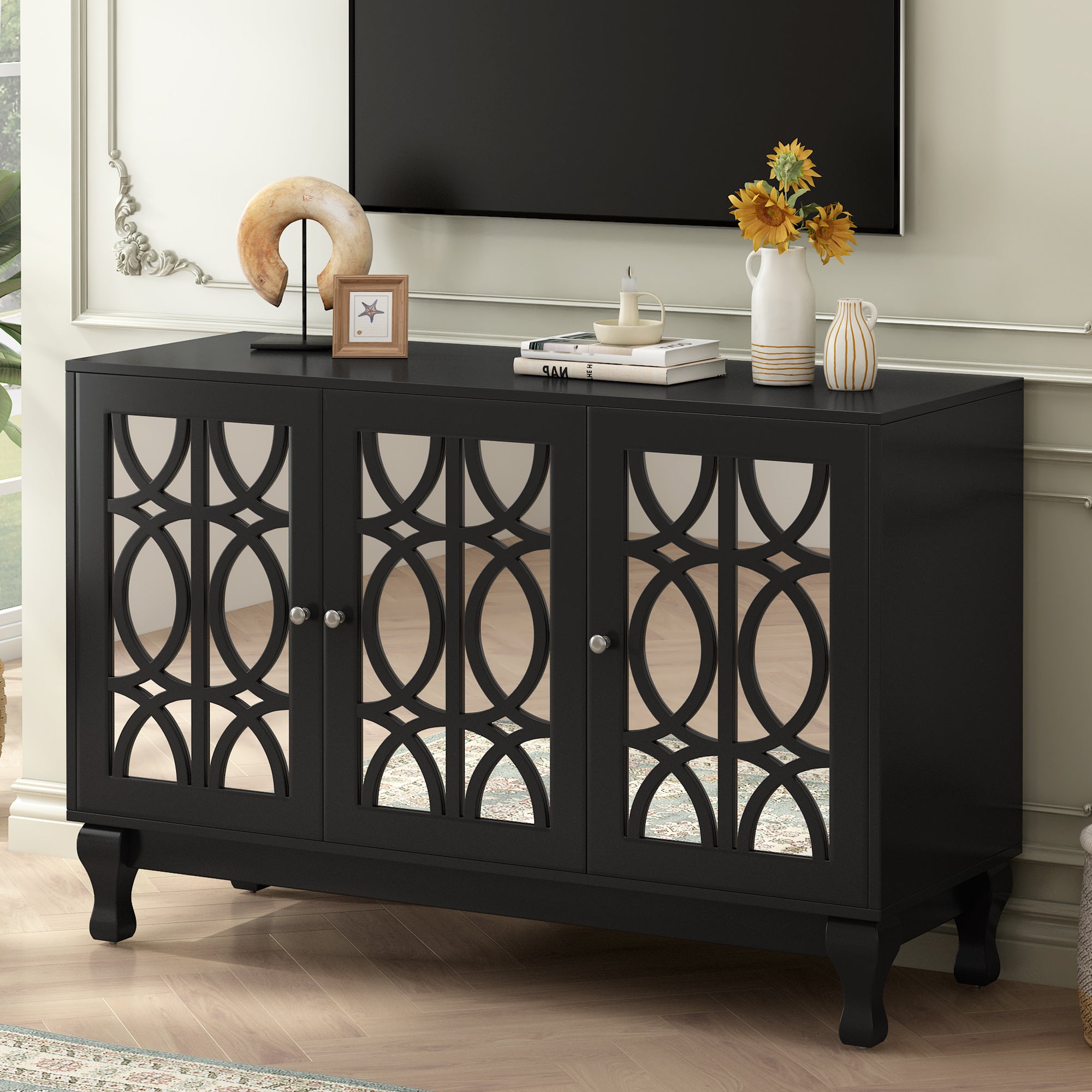 Modern Mirrored TV Stand for 55" TVs w/ Shelves