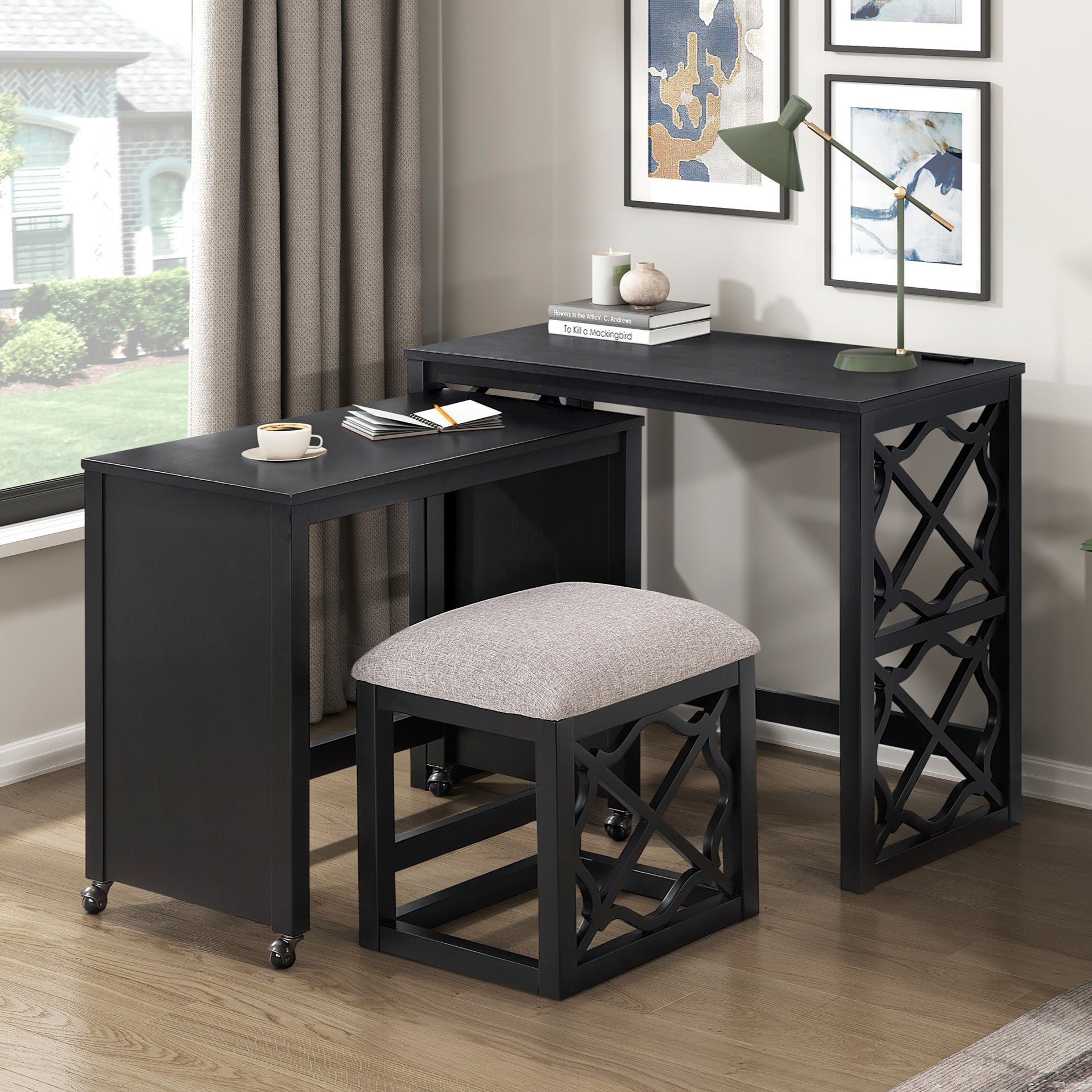 Black 3pc Desk & Stool Set w/ Charging Ports | Rolling Desk
