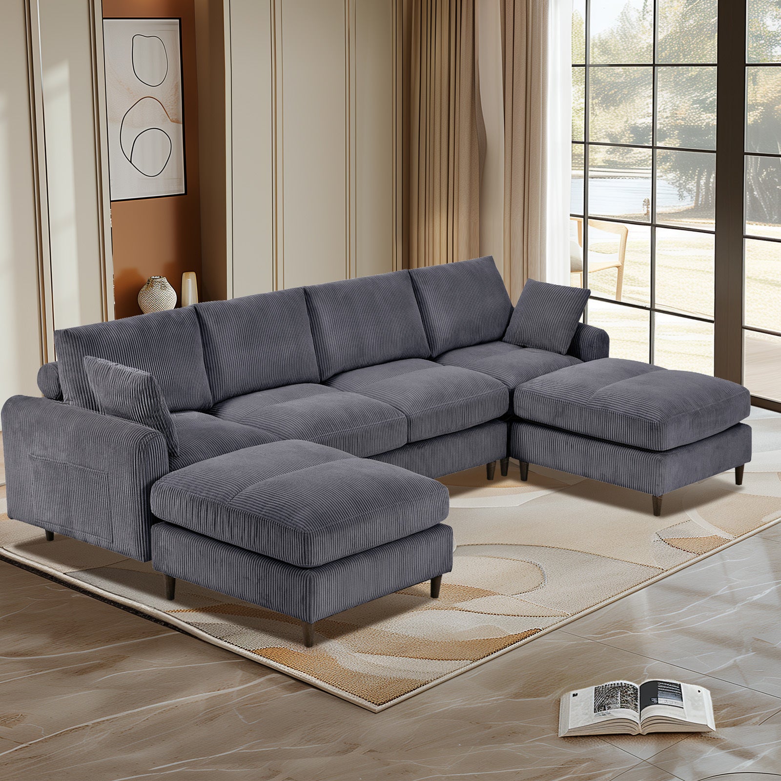 Modern Corduroy Modular Sectional Sofa, Gray 6-Seat