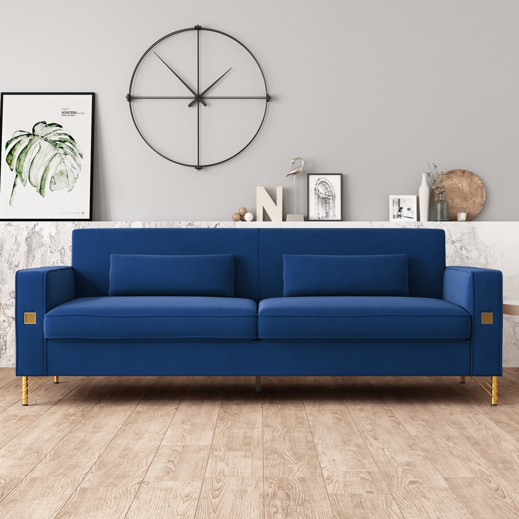 Luxury Velvet Sofa: Gold Accents & Plush Cushions