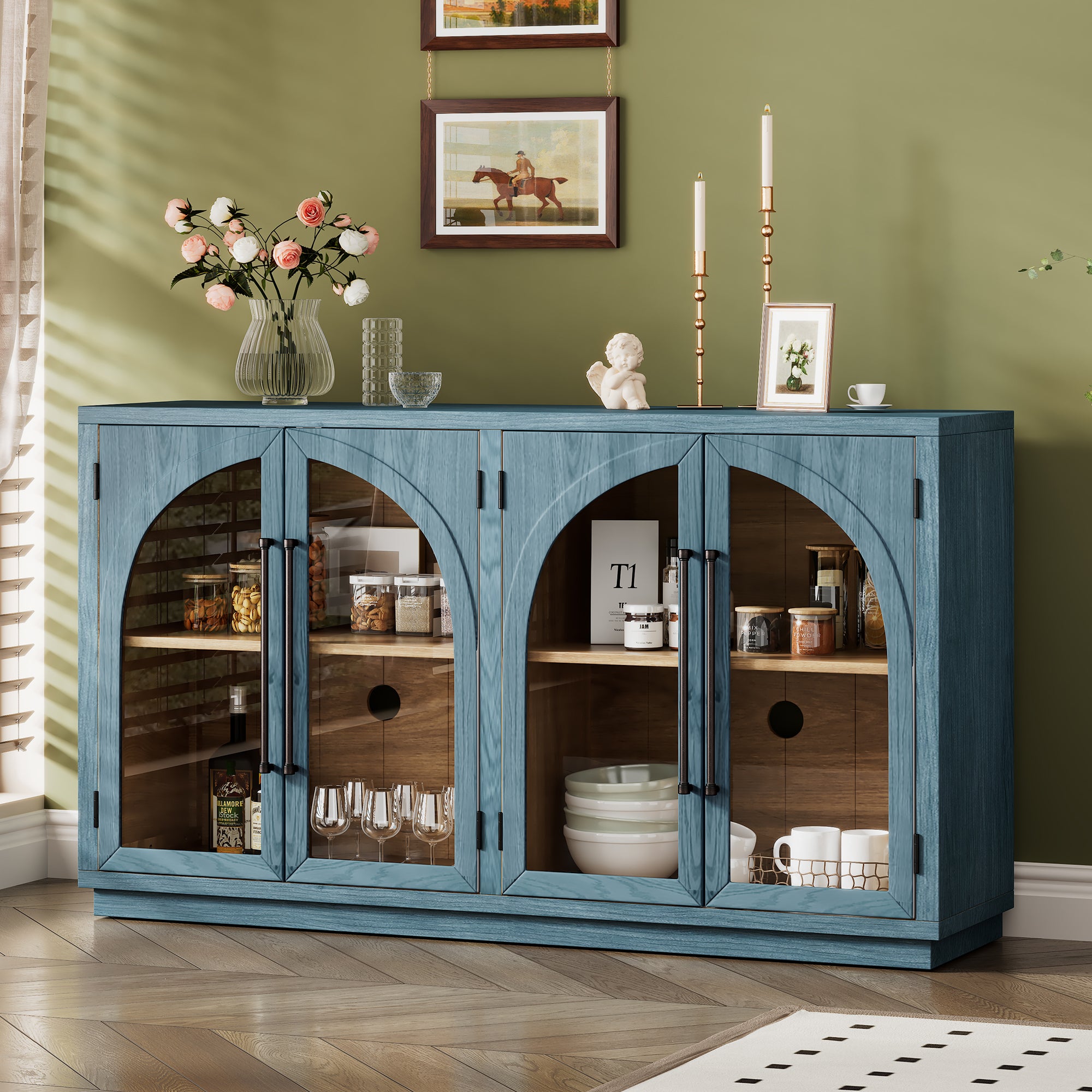 Navy Arched Sideboard Buffet Cabinet w/ Glass Doors