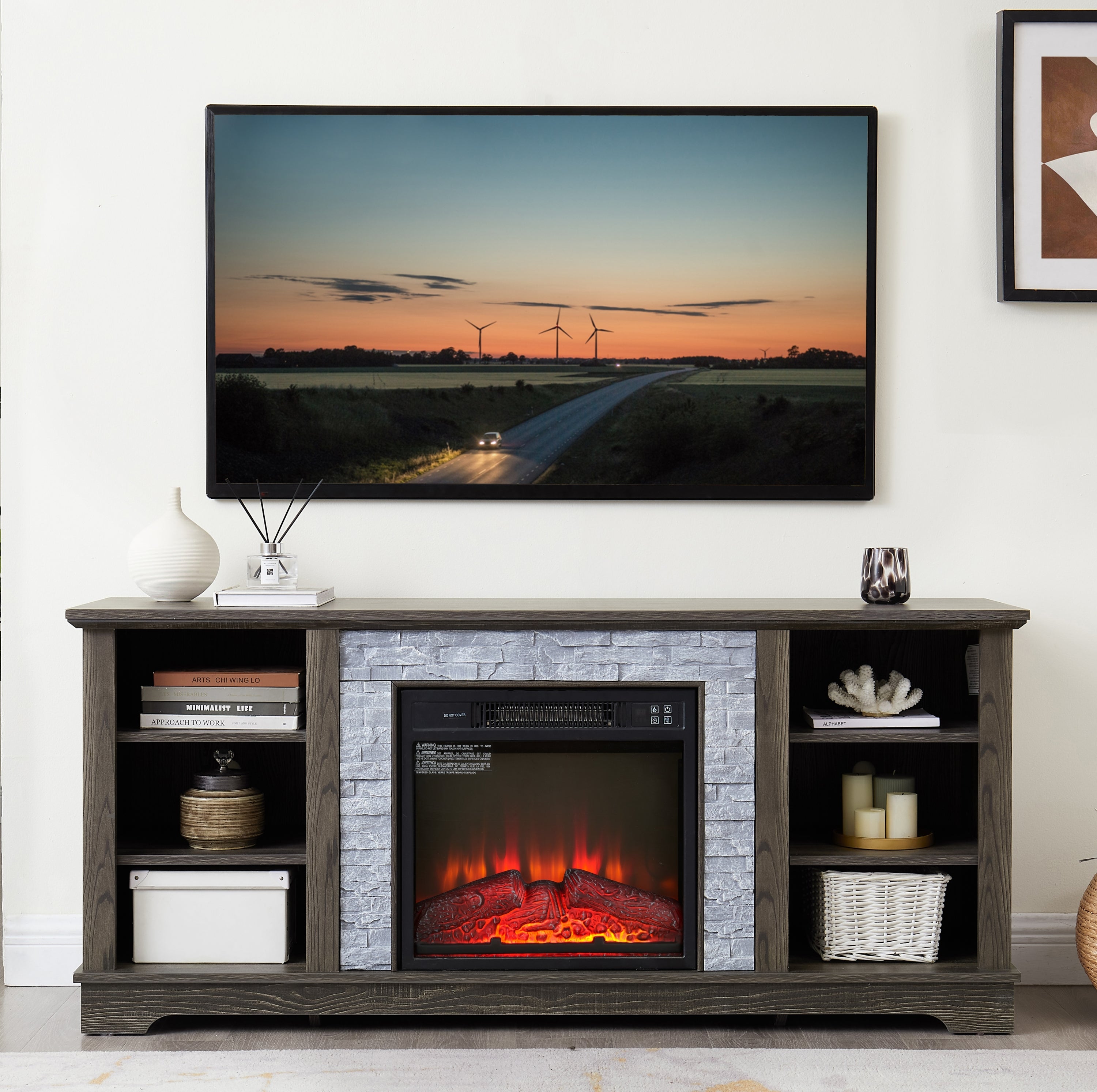Electric Fireplace TV Stand, Stone Mantel, 58" Grey