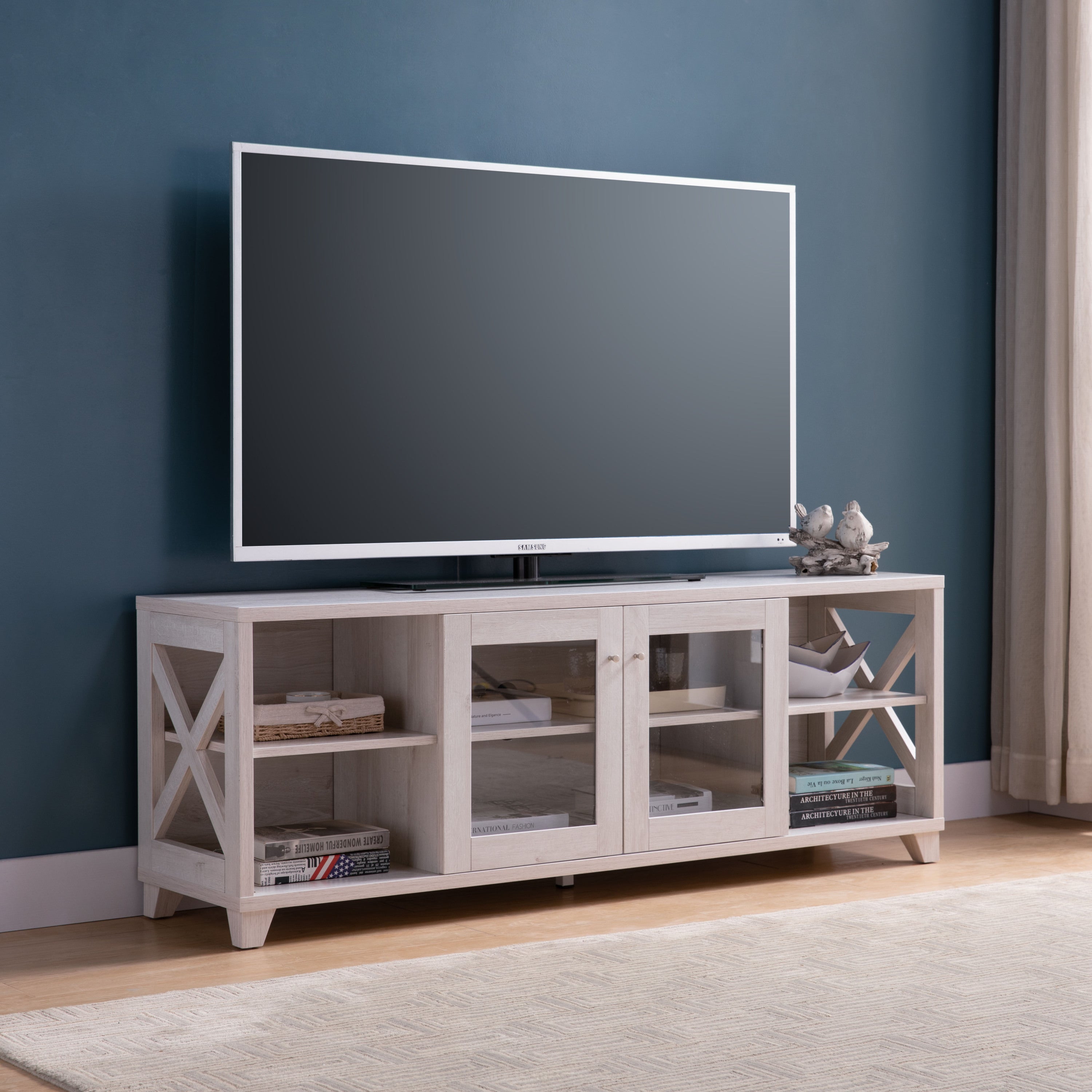 60" Farmhouse TV Stand w/ Shelves & Cabinet
