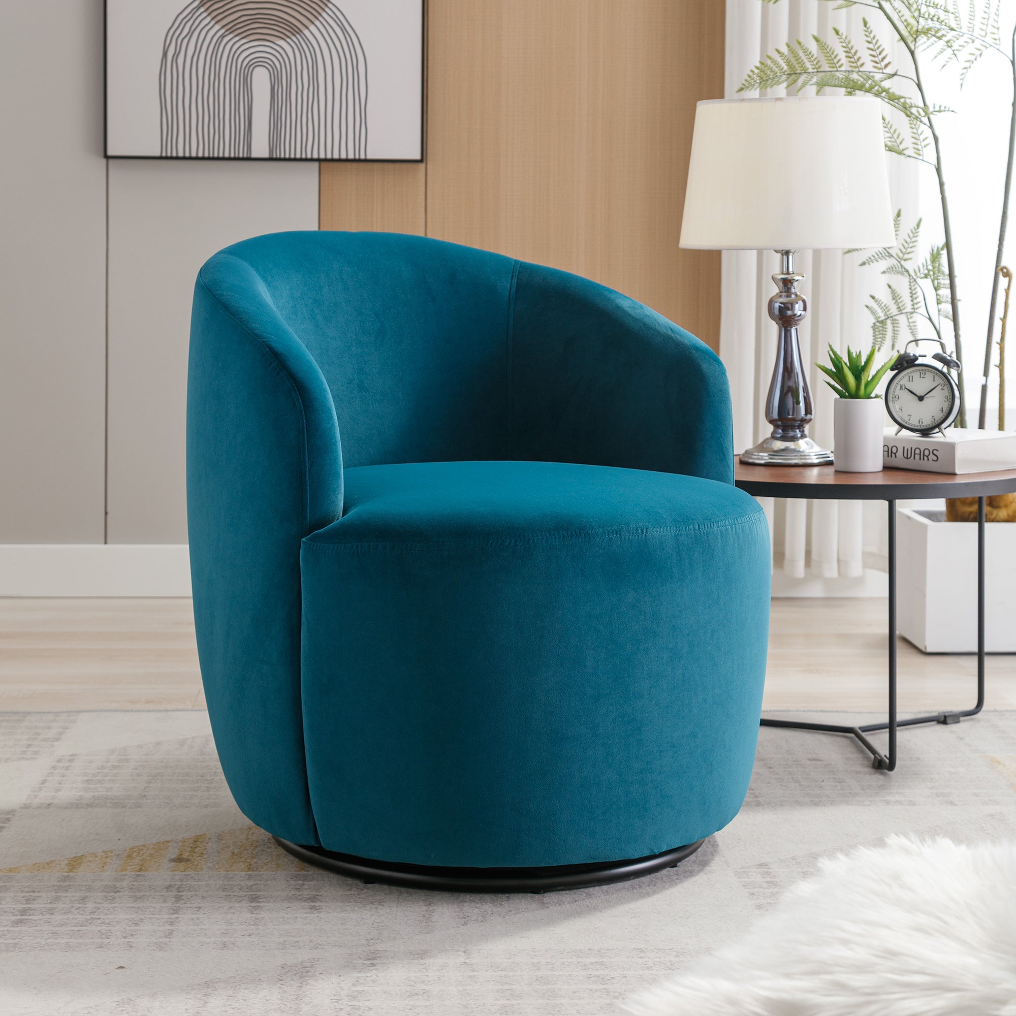 Teal Velvet Swivel Barrel Chair with Black Ring