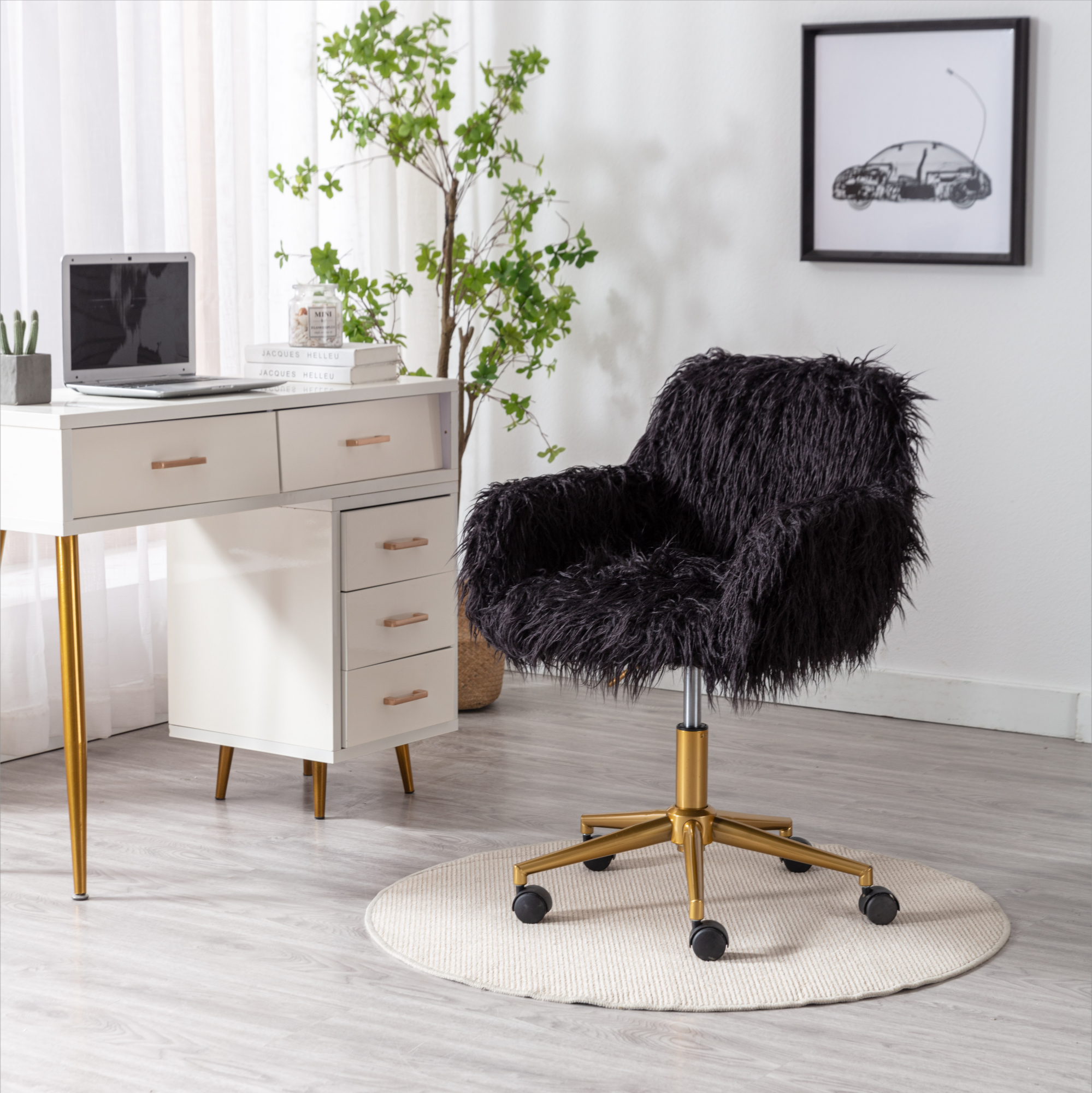 HengMing Faux Fur Office Chair, Fluffy Vanity Chair, Gold Base