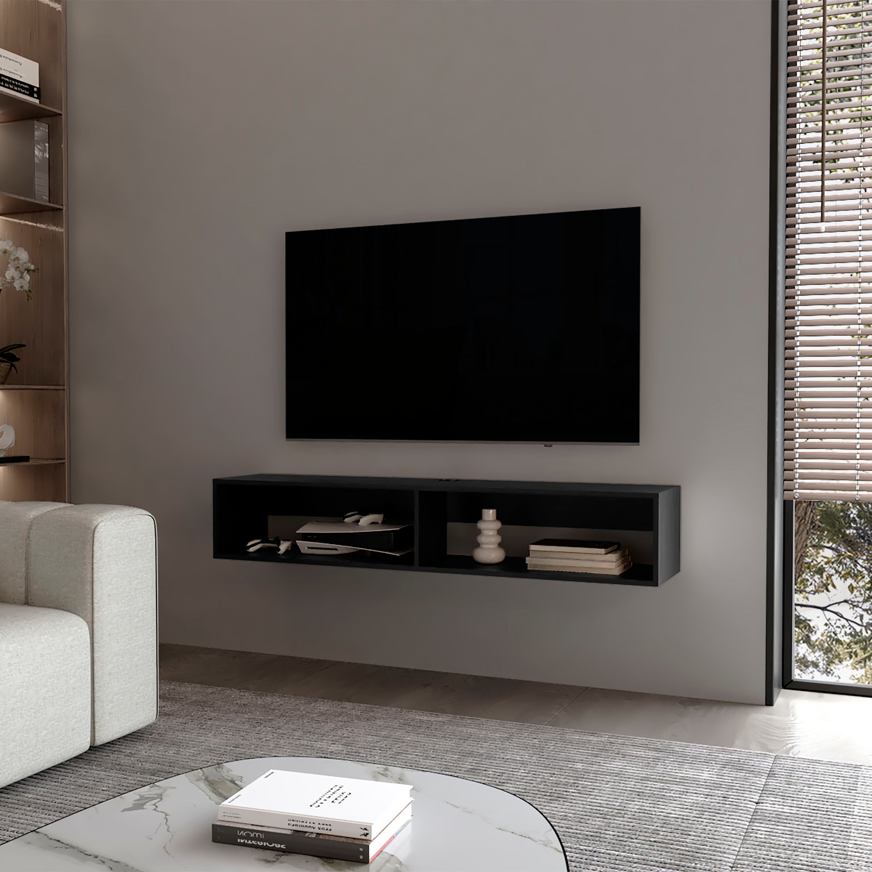 Black Floating Media Rack | 2 Shelves | Melamine