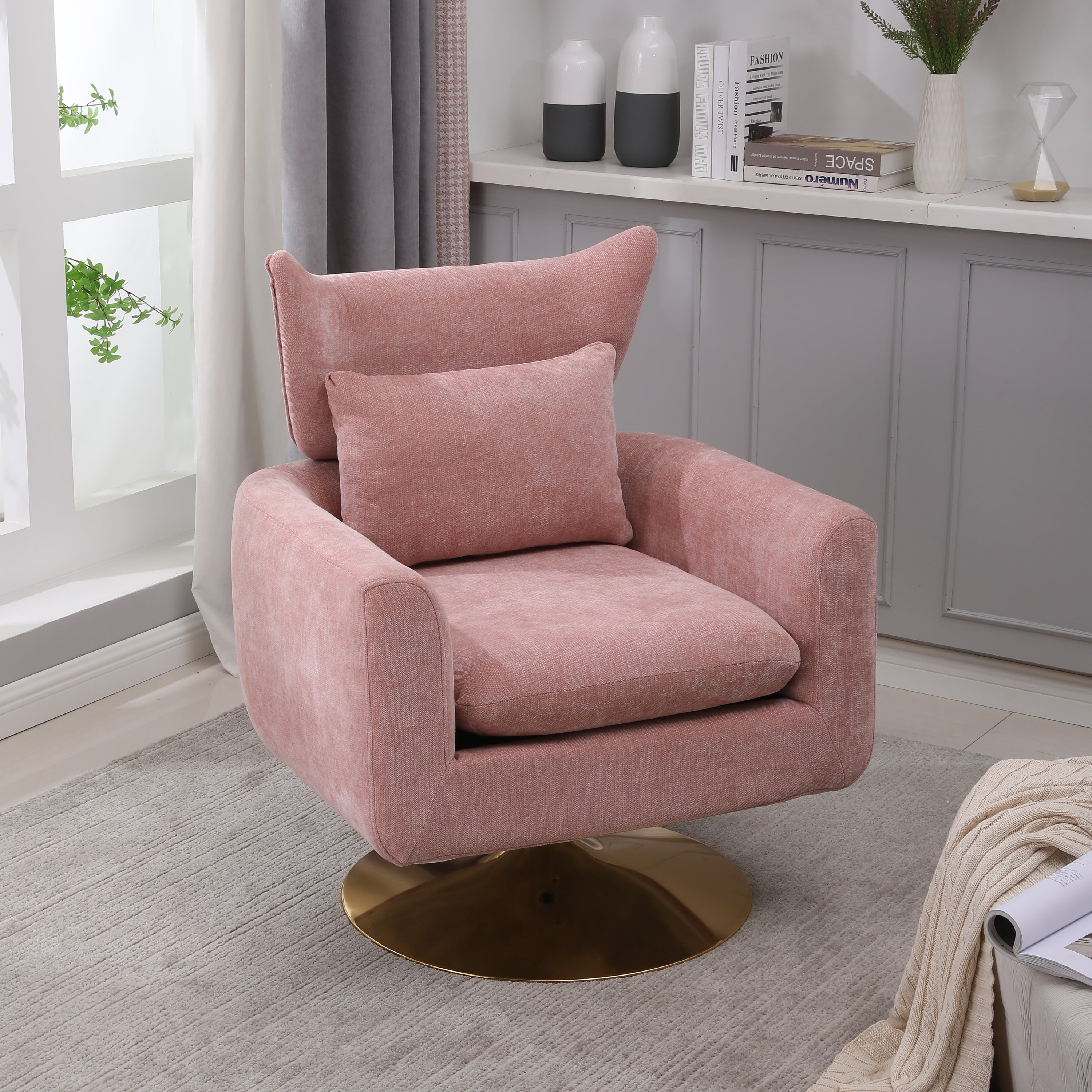 Mid-Century Swivel Accent Chair, Pink Linen (360°)