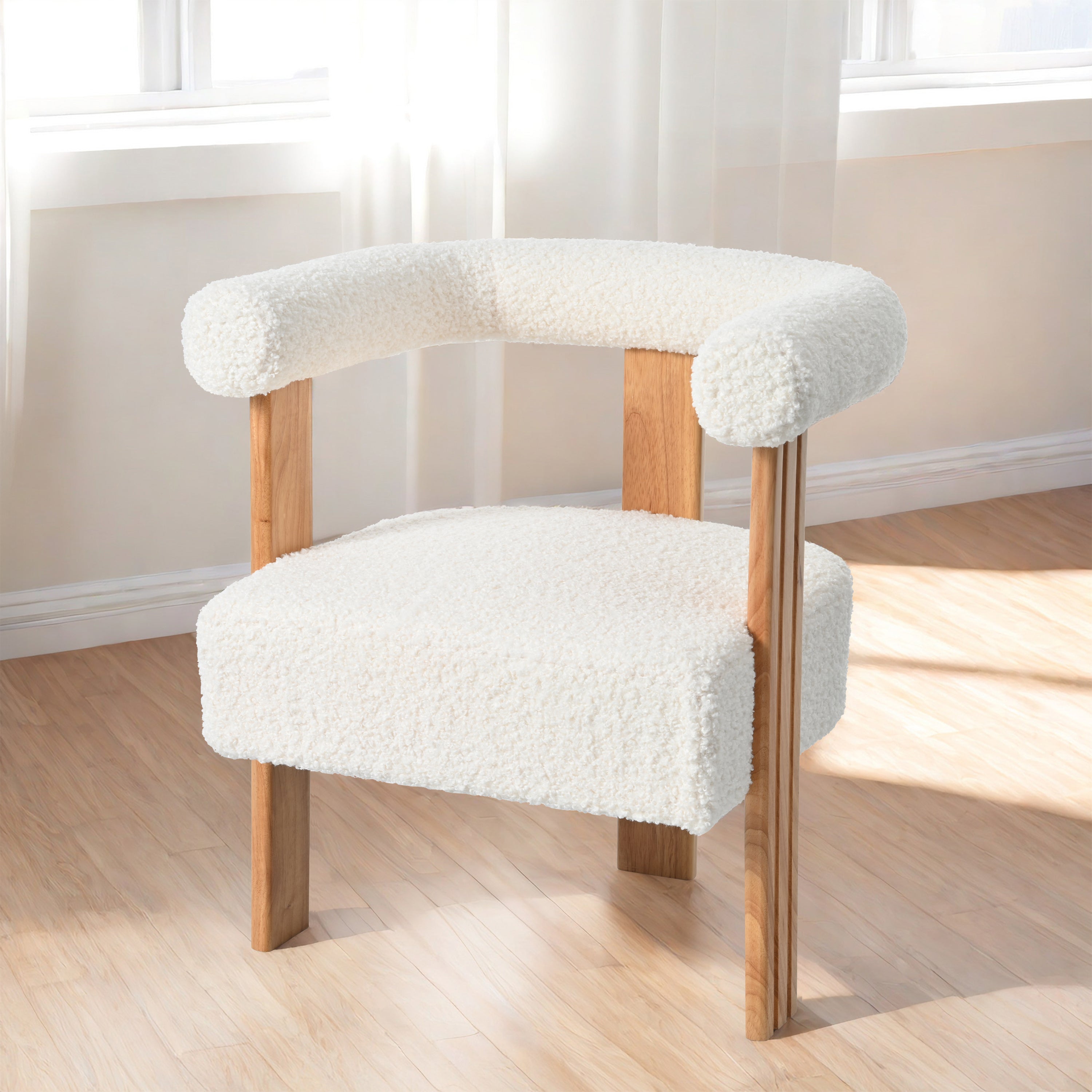 Mid-Century Modern Barrel Chair: White Boucle