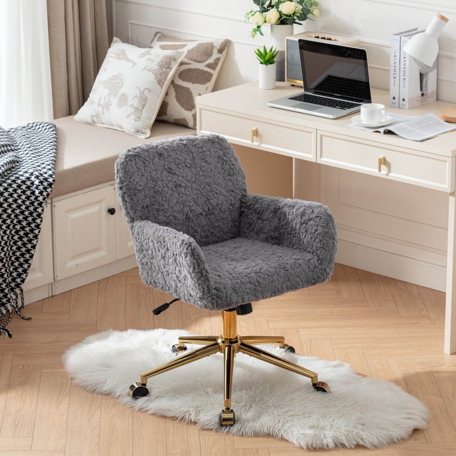 Plush Gray Office Chair | Faux Rabbit Fur & Gold Base