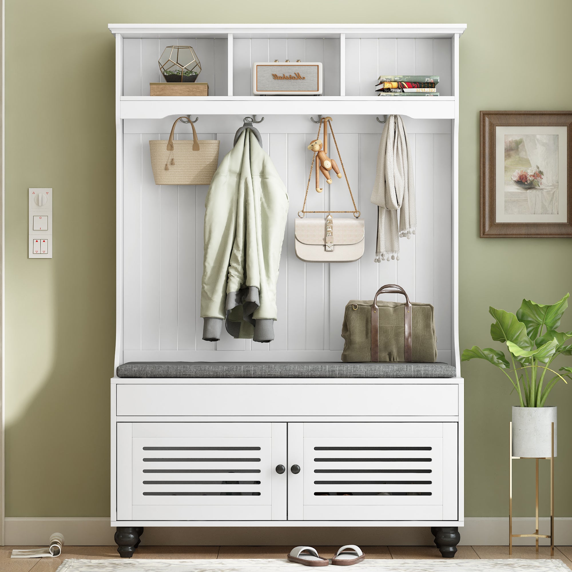 5-in-1 Entryway Bench w/ Storage, Coat Rack & Hooks