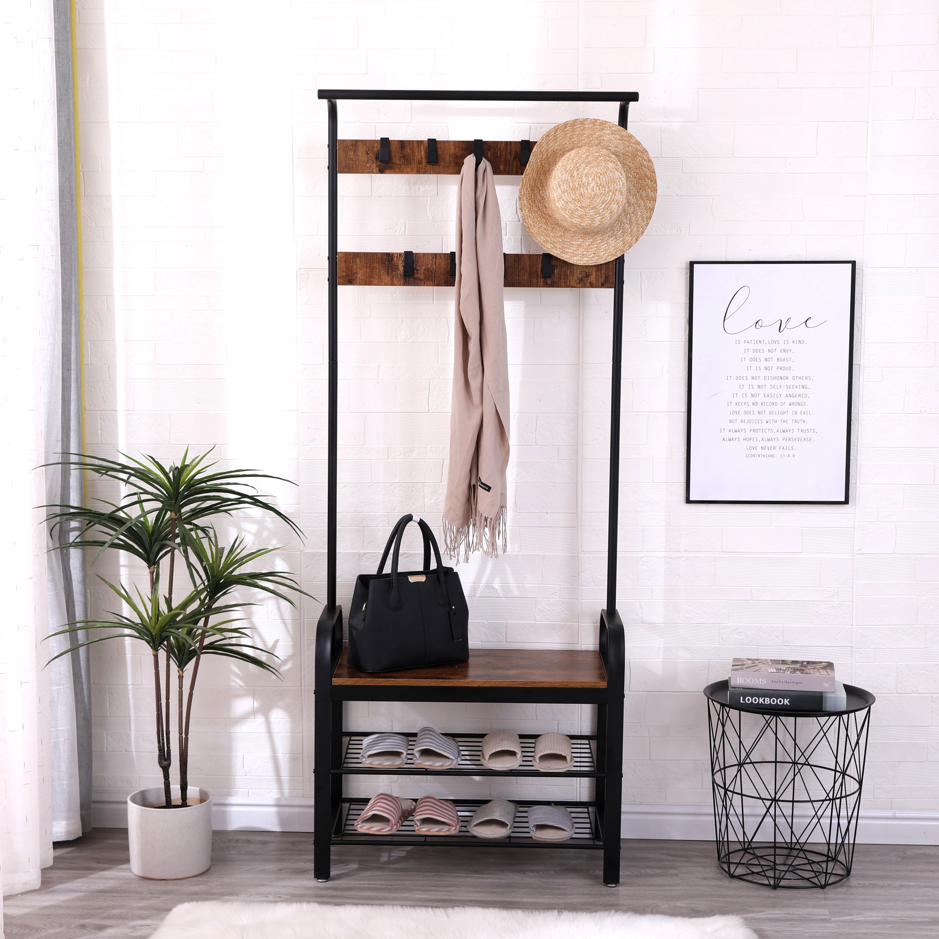 4-in-1 Coat Rack Hall Tree w/ Shoe Bench - Rustic Brown