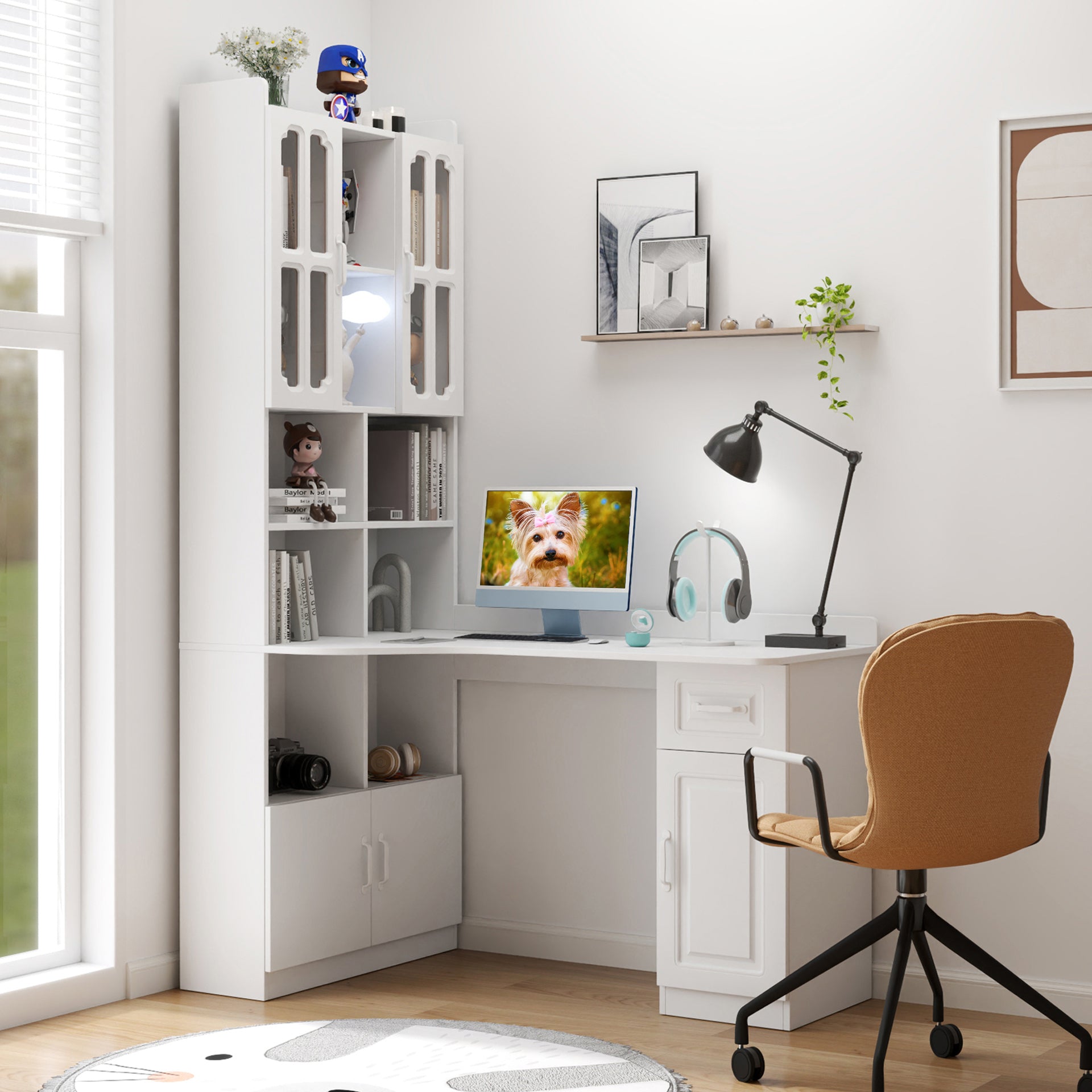 L-Shaped Corner Desk w/ Drawers, Hutch & Bookshelf - White