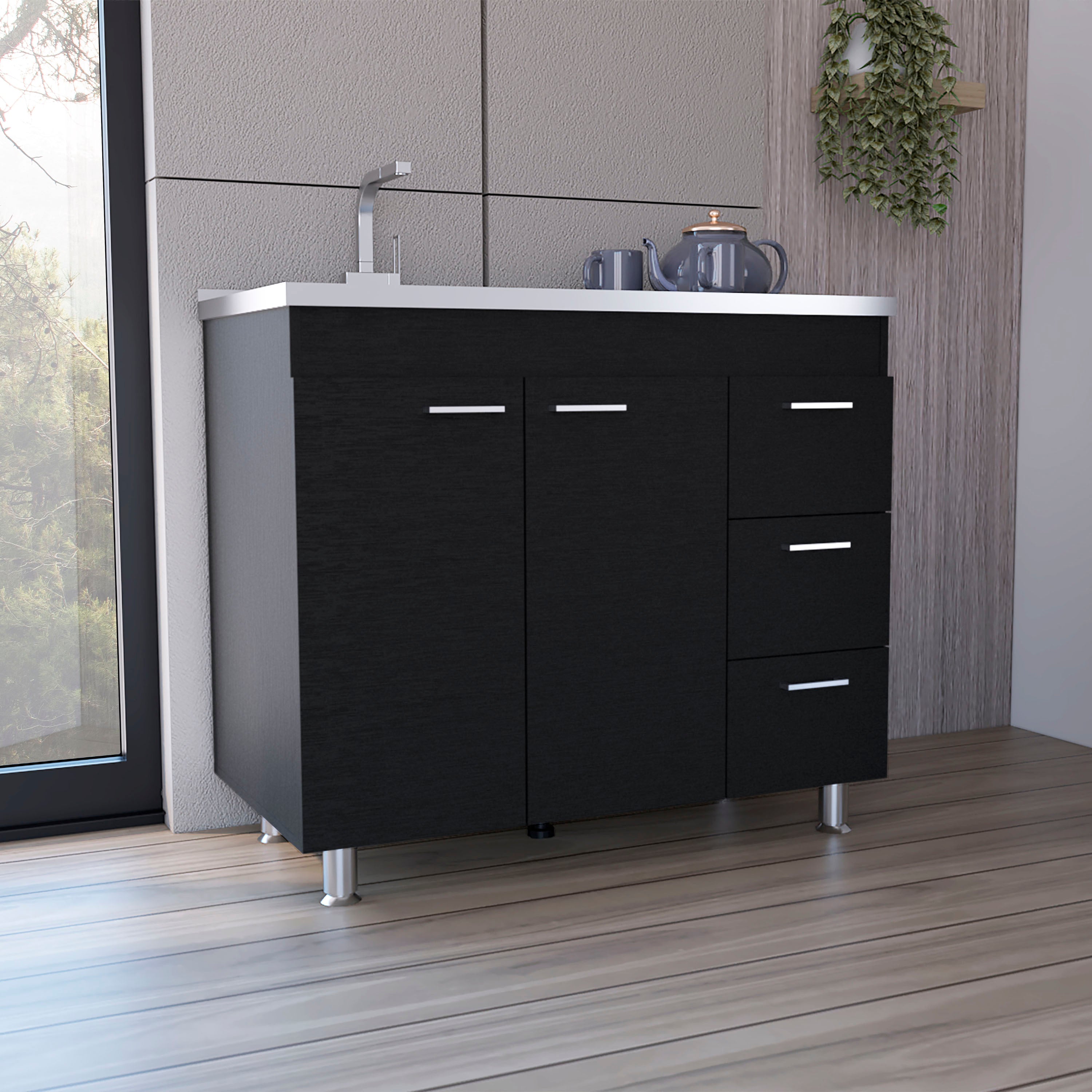 Black Ferretti Utility Sink: 3 Drawers, Double Door