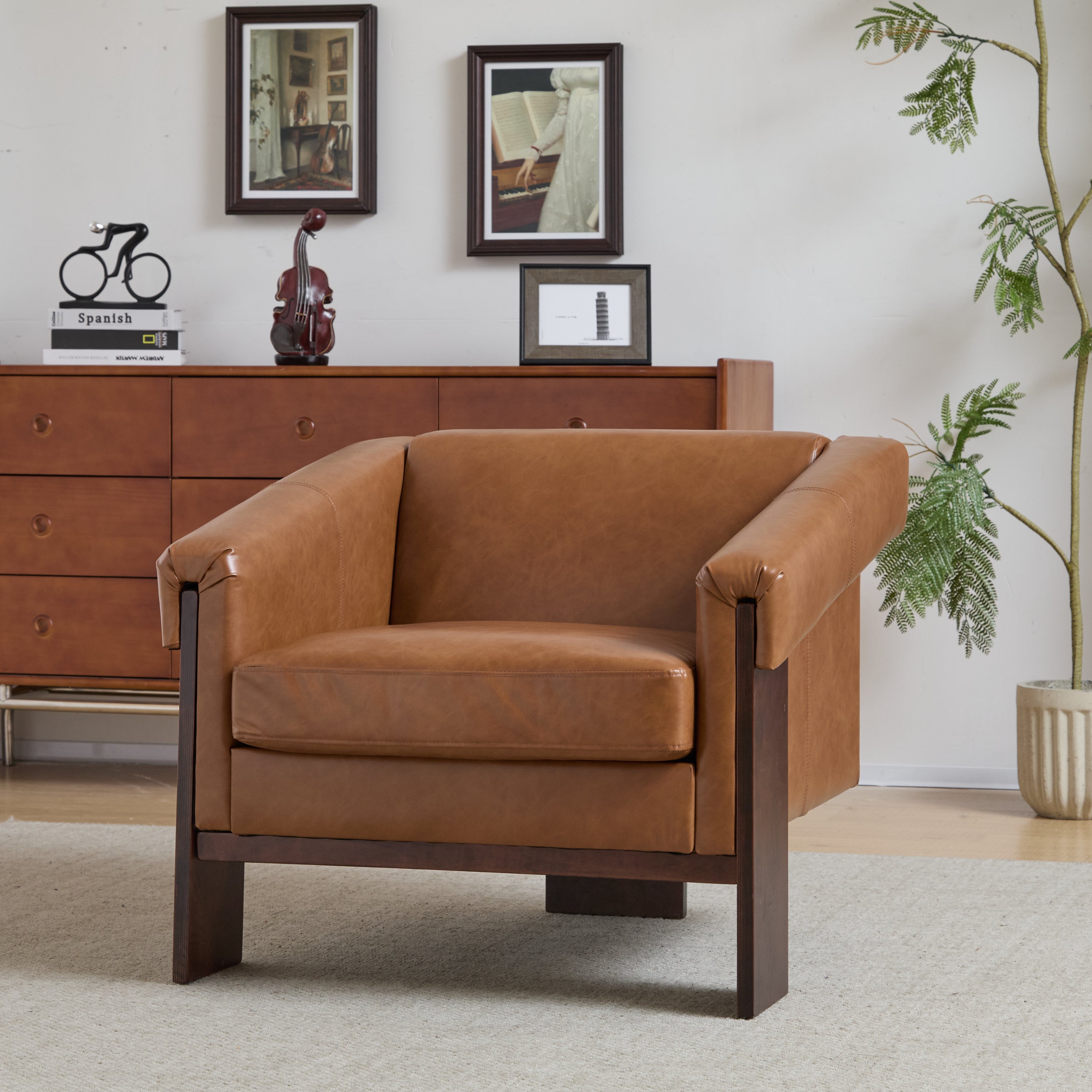 Mid-Century Accent Chair: Brown Faux Leather