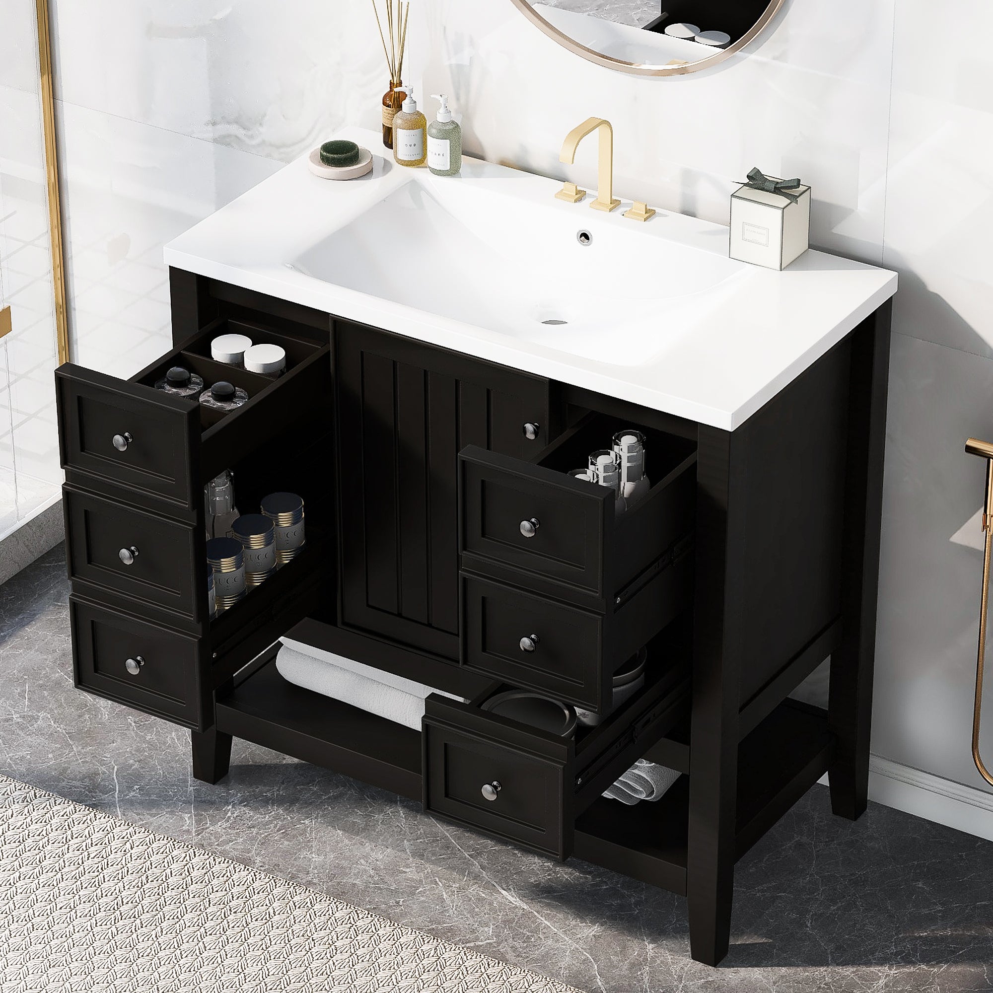 Black 36" Bathroom Vanity: Wood & MDF, 3 Drawers