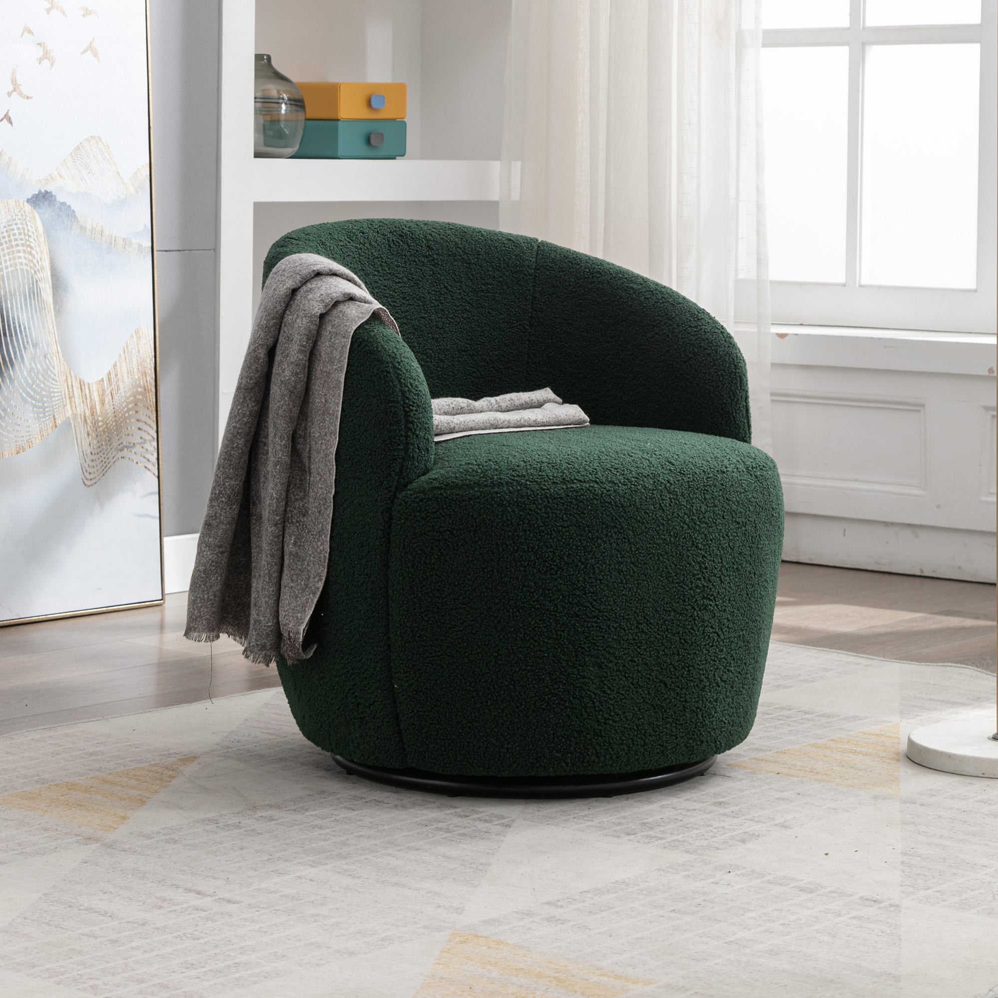 Dark Green Teddy Fabric Swivel Barrel Chair