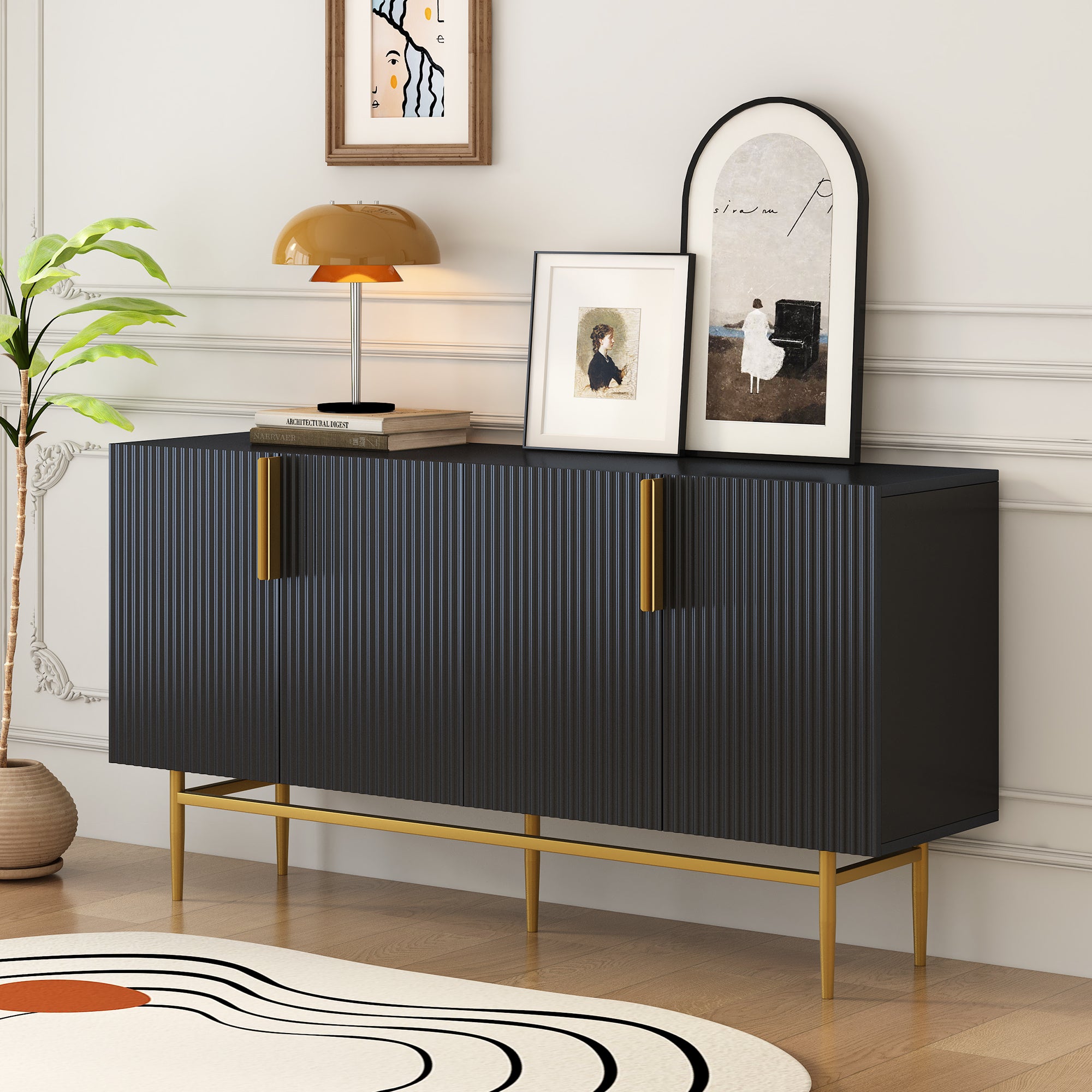 Modern Black Sideboard Buffet: Gold Handles