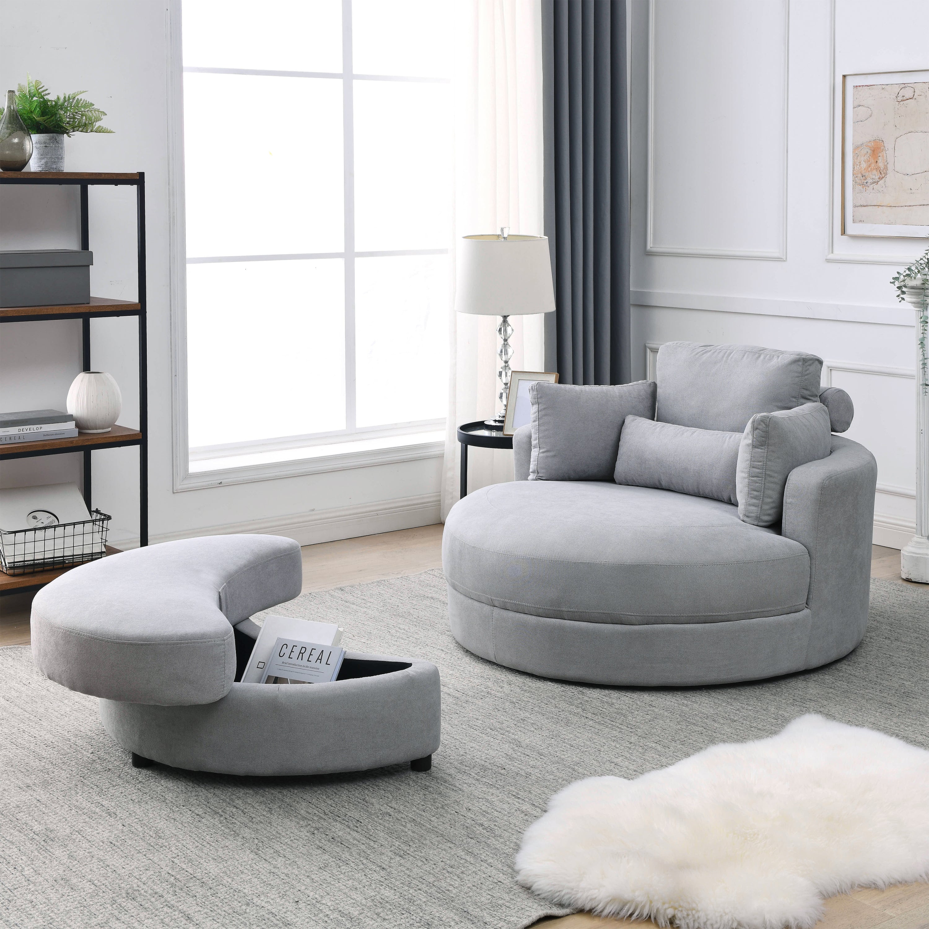 Grey Swivel Accent Chair with Ottoman & Pillows