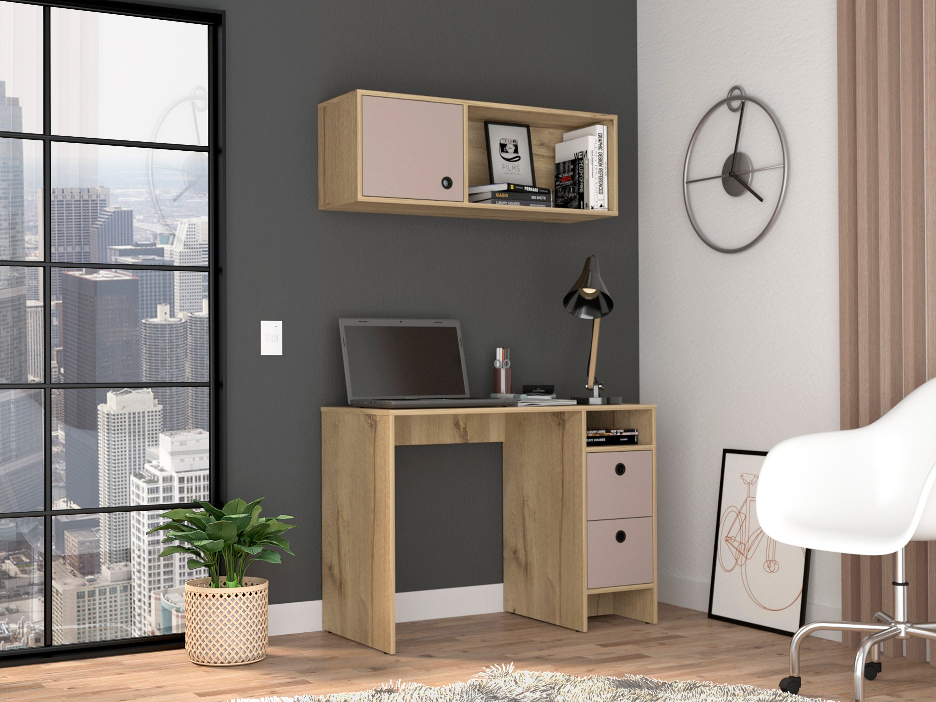 Light Oak & Taupe 2-Shelf 3-Drawer Office Set