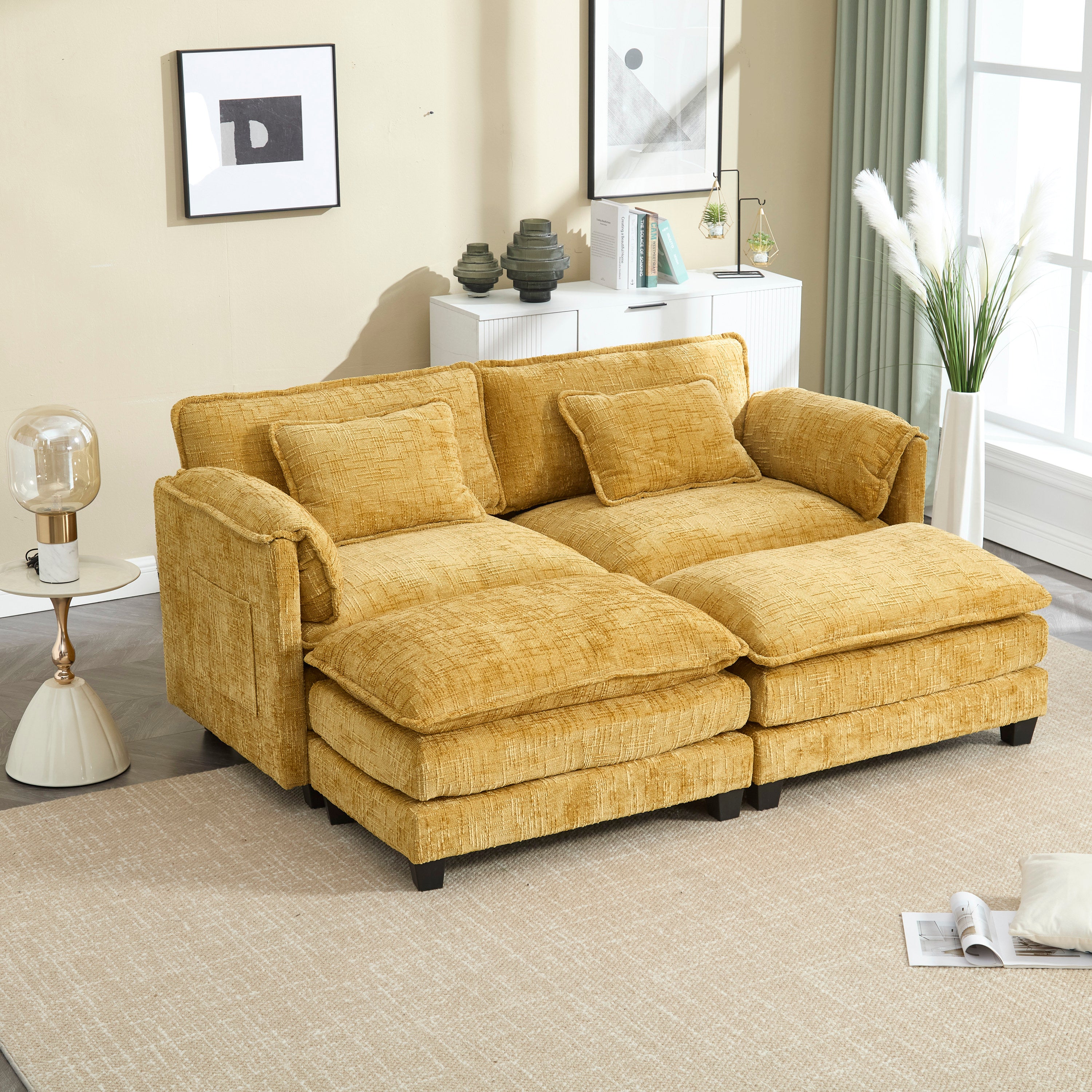 Chenille Sofa: Sturdy, Detachable Arms, 2 Ottomans