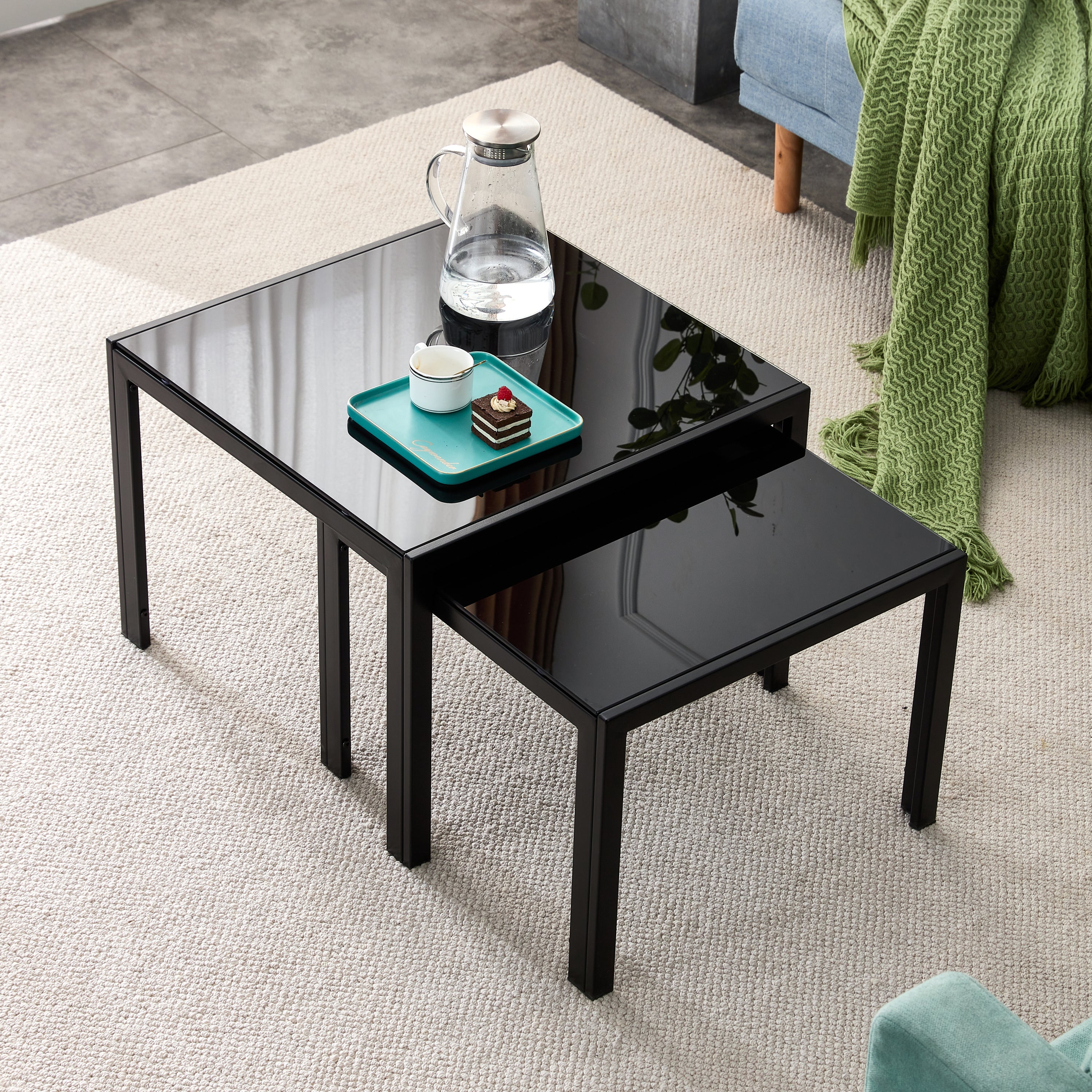 Modern Black Coffee Table Set - Stacking Glass Top