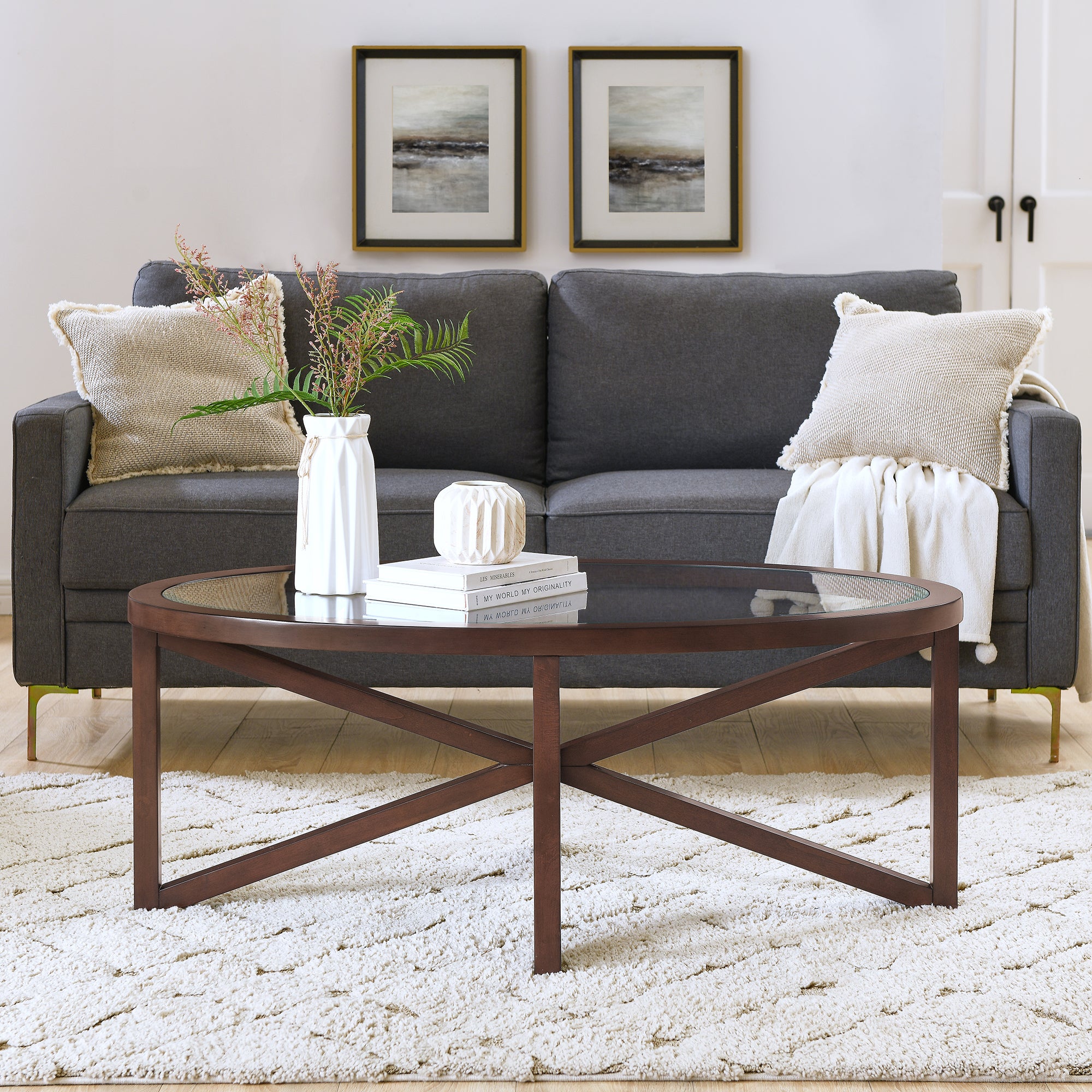 Modern Glass Coffee Table: Round, Solid Wood Base