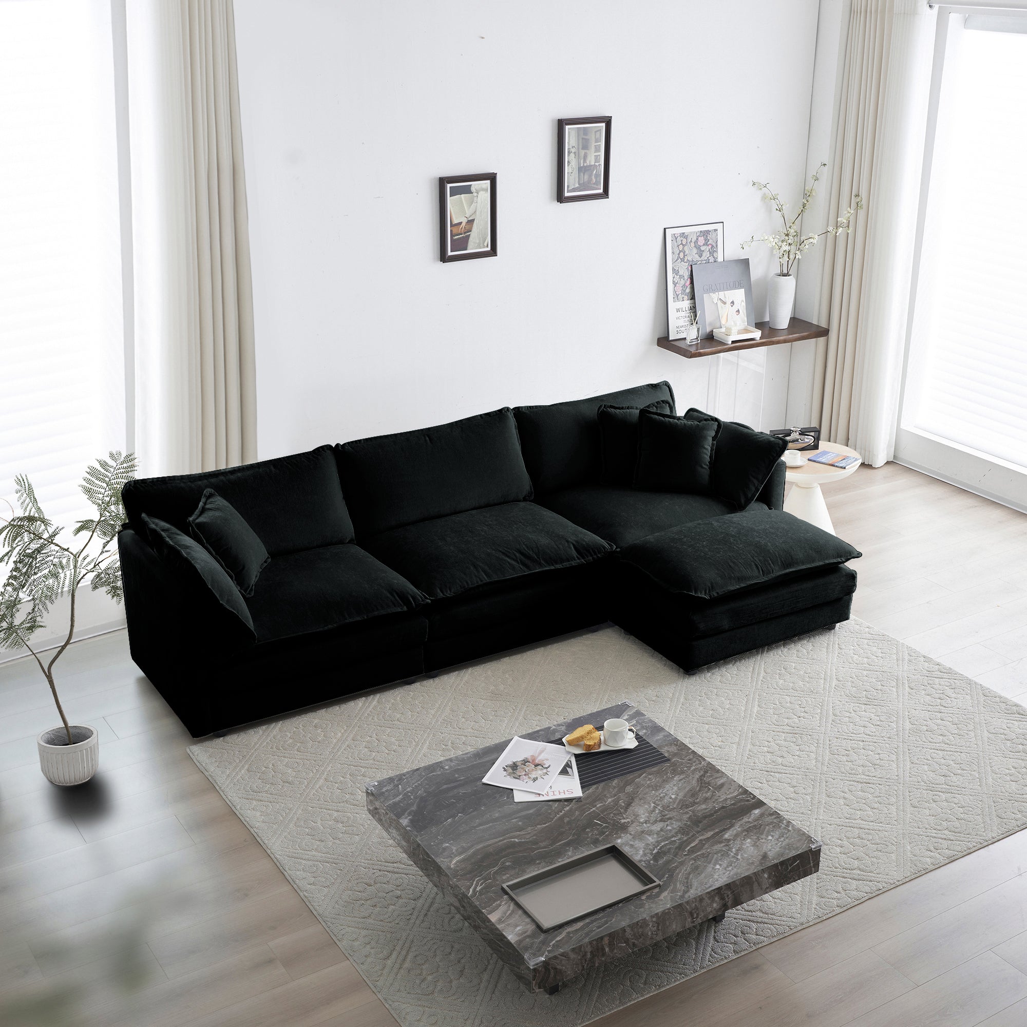 Black Chenille Modular Sectional Sofa with Ottoman