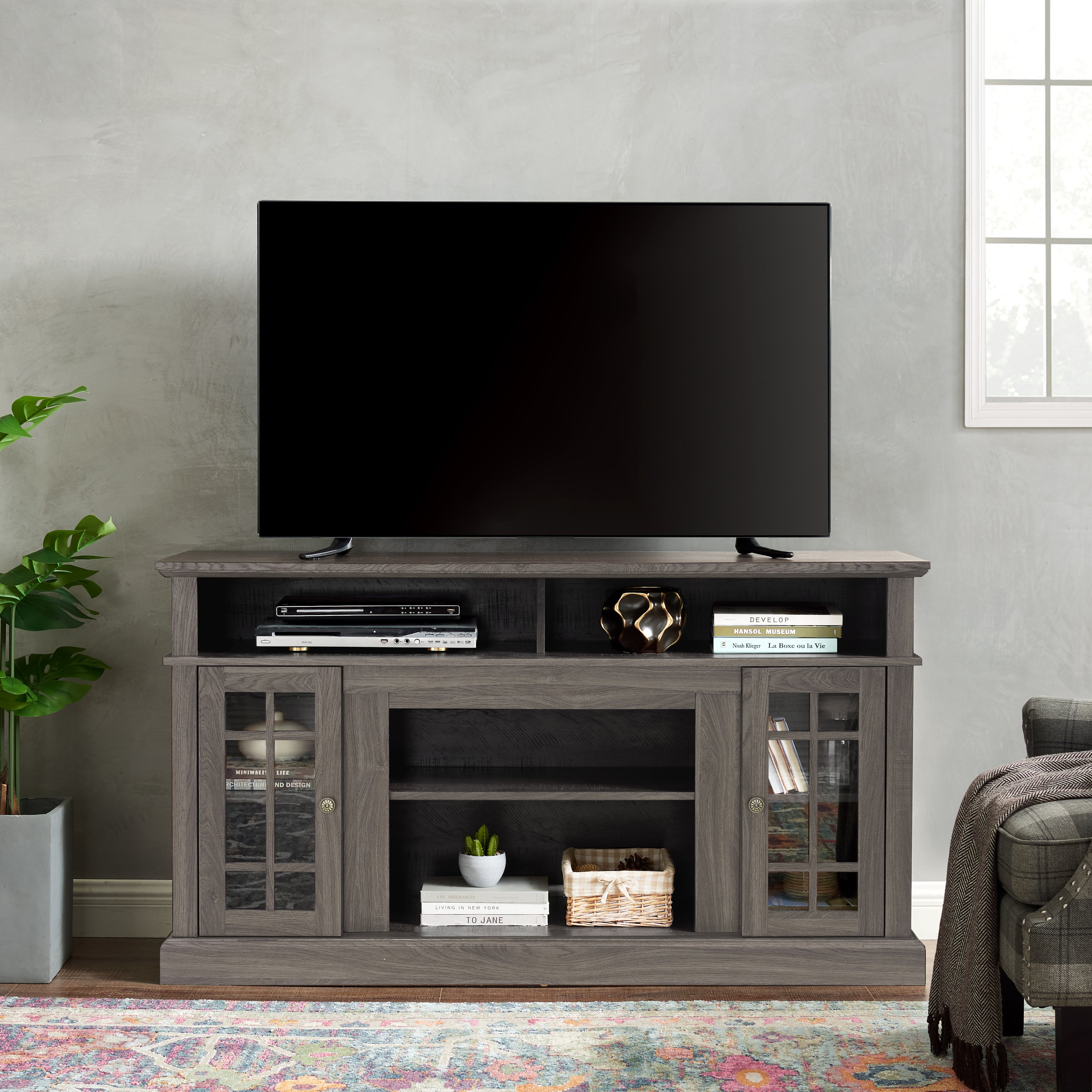 Modern TV Stand Console for 65" TV - Dark Walnut & Black