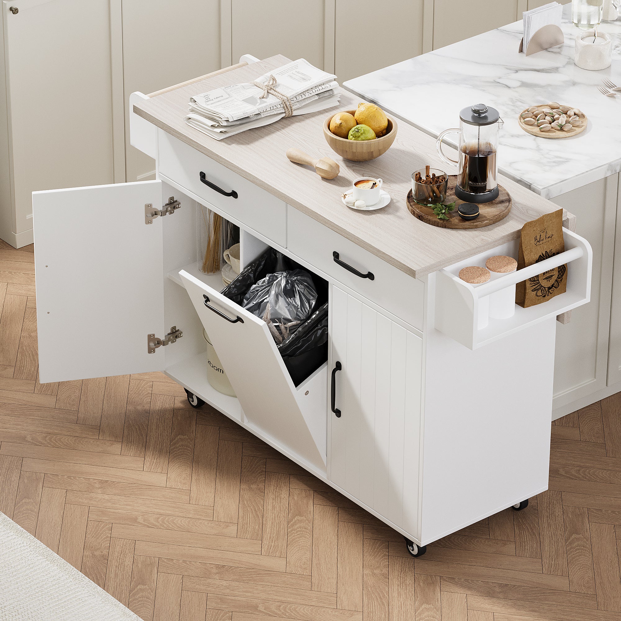 Rolling Kitchen Island w/ Trash Can & Drop Leaf (White)